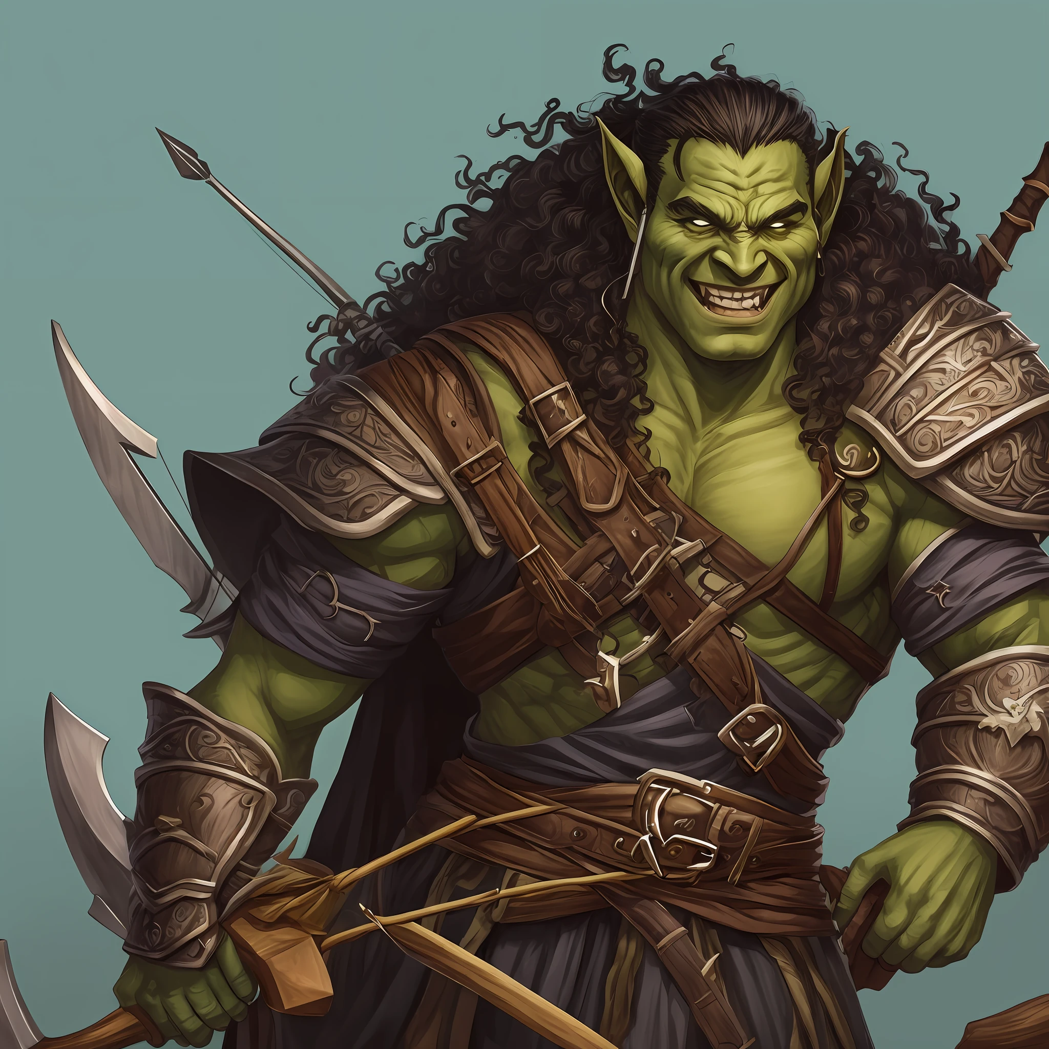 Illustration of an RPG character, who is orc with friendly smile, flat nose, prognathic chin, green skin, long curly hair, wearing an animal skin armor that covers the body brandishing a bow with a quiver of arrows on the back. --auto