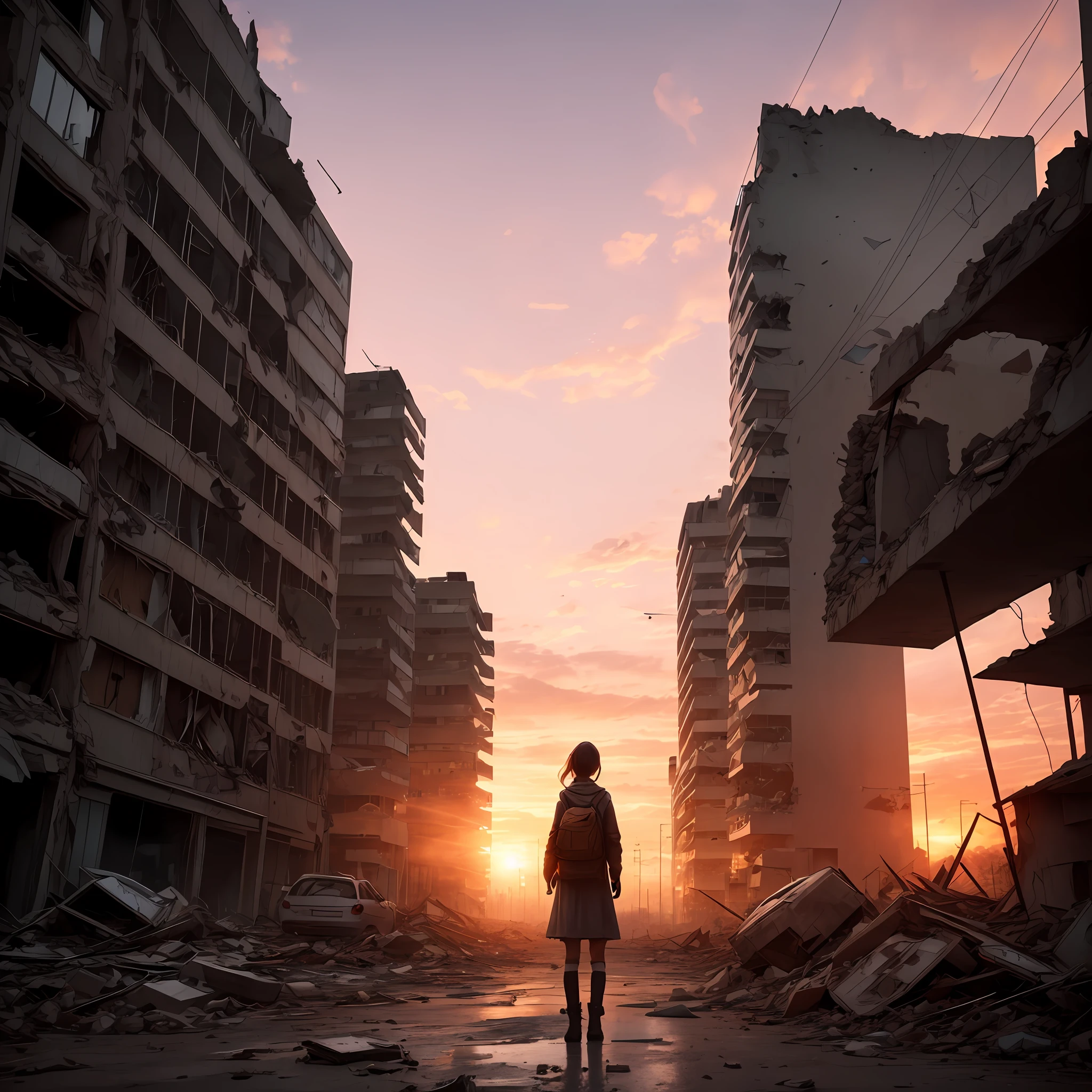 girl seen far away at sunset from a post-apocalyptic world, post-apocalyptic futuristic city, broken crystal towers, street strewn by rubble, broken machines --auto