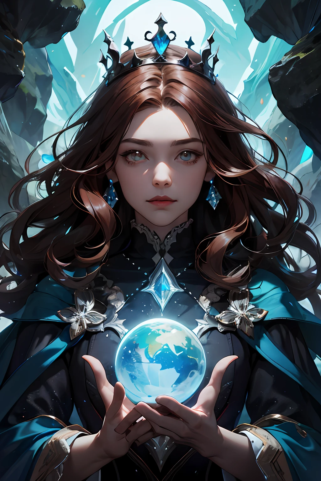 (absurdres, highres, ultra detailed), 1woman, mature female, aged up, wavy long hair, auburn hair, coral eyes, bangs, long sleeves, finely detailed eyes and detailed face, extremely detailed CG unity 8k wallpaper, intricate details, (style-swirlmagic:1.0), looking at viewer, solo, upper body, detailed background, close up, detailed face, (gothic dark ages theme:1.1), crystal sorcerer, dynamic pose, earth themed clothes, crystal crown, floating in the air, glowing magical shards, surrounded by blue magical crystals, rock formations, stalactites, magical floating particles, crystal glass, crystal sphere, crystal canyon background, (shallow water:0.7), epic ethereal atmosphere, updraft,, portrait