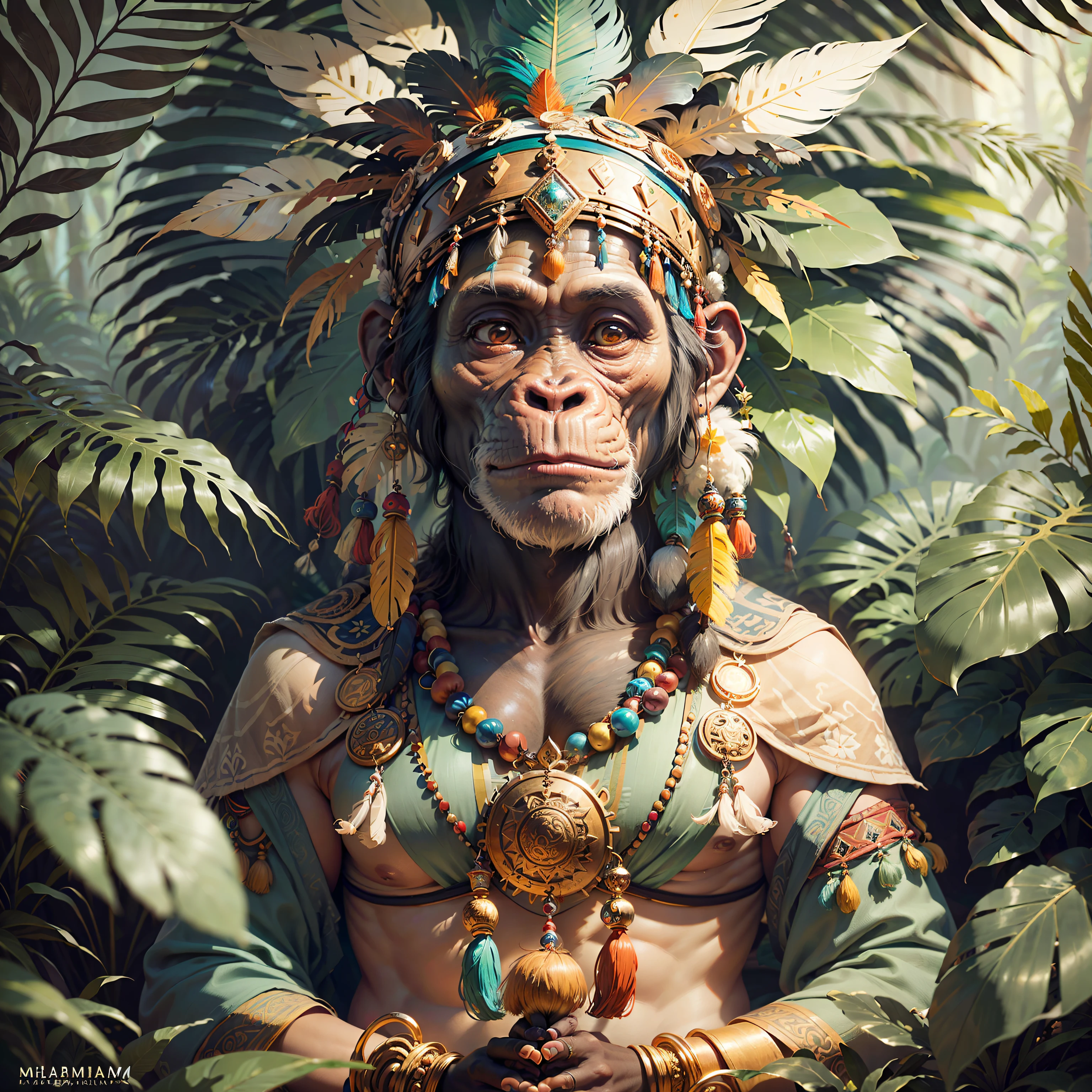 Chimpanzee with headdress ((Shaman)),((meditative state),,Shaman, elegant chimpanzee, hair with details, with Indian headdress on head, ((meditating)) many colorful feathers, colorful feathers, facing the camera, detail: dense tropical foliage, highly detailed intricate, ((masterpiece)), ultra hyperrealistic, masterpiece