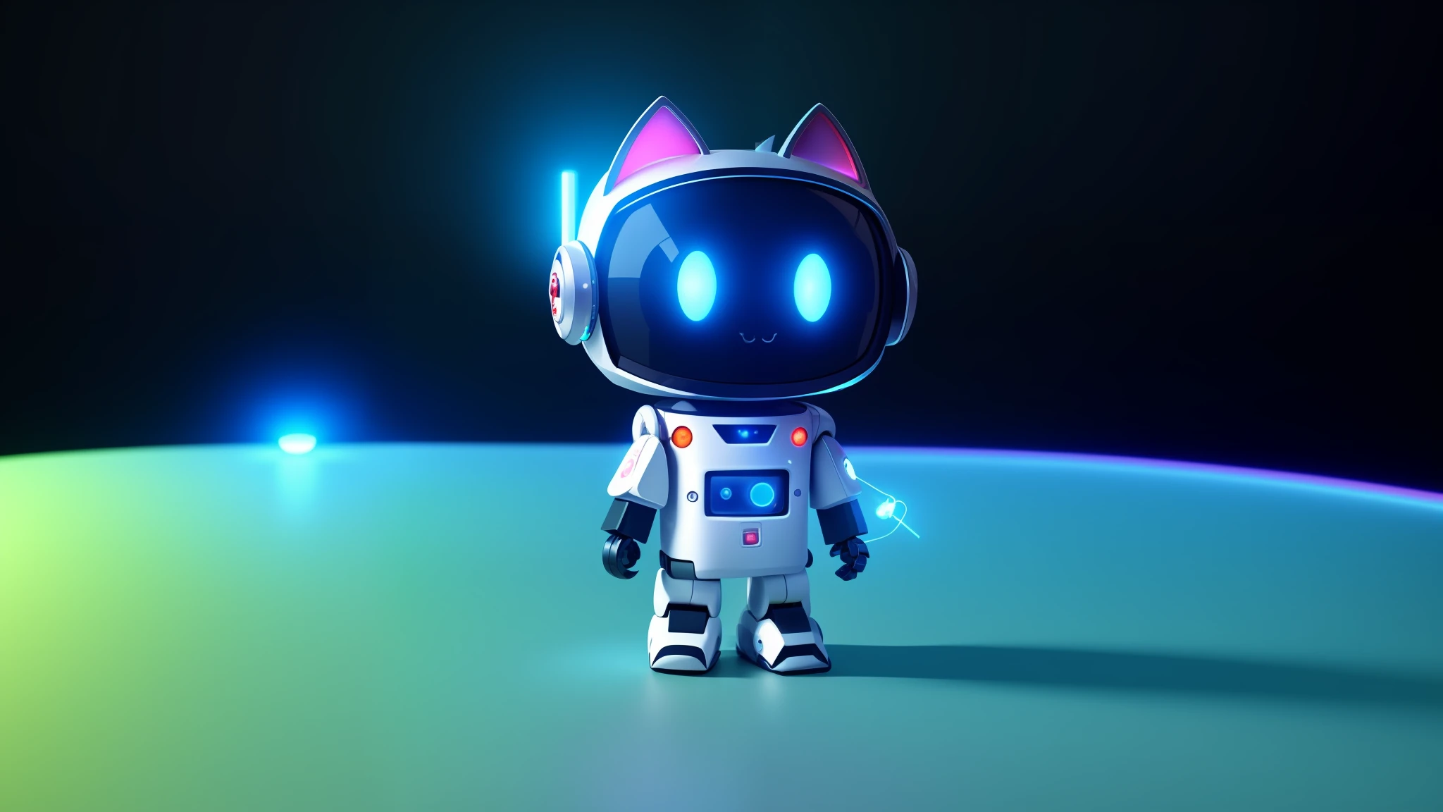 Close-up of robot with glowing eyes standing on surface, cute 3 d rendering, robot cat, cute humanoid robot, cyborg kitten, cat robot, robot cat, cute robot, space cat, astronaut cat, 3d render stylized, black background, totally robot!! Cat, cyborg cat, stylized as 3D rendering