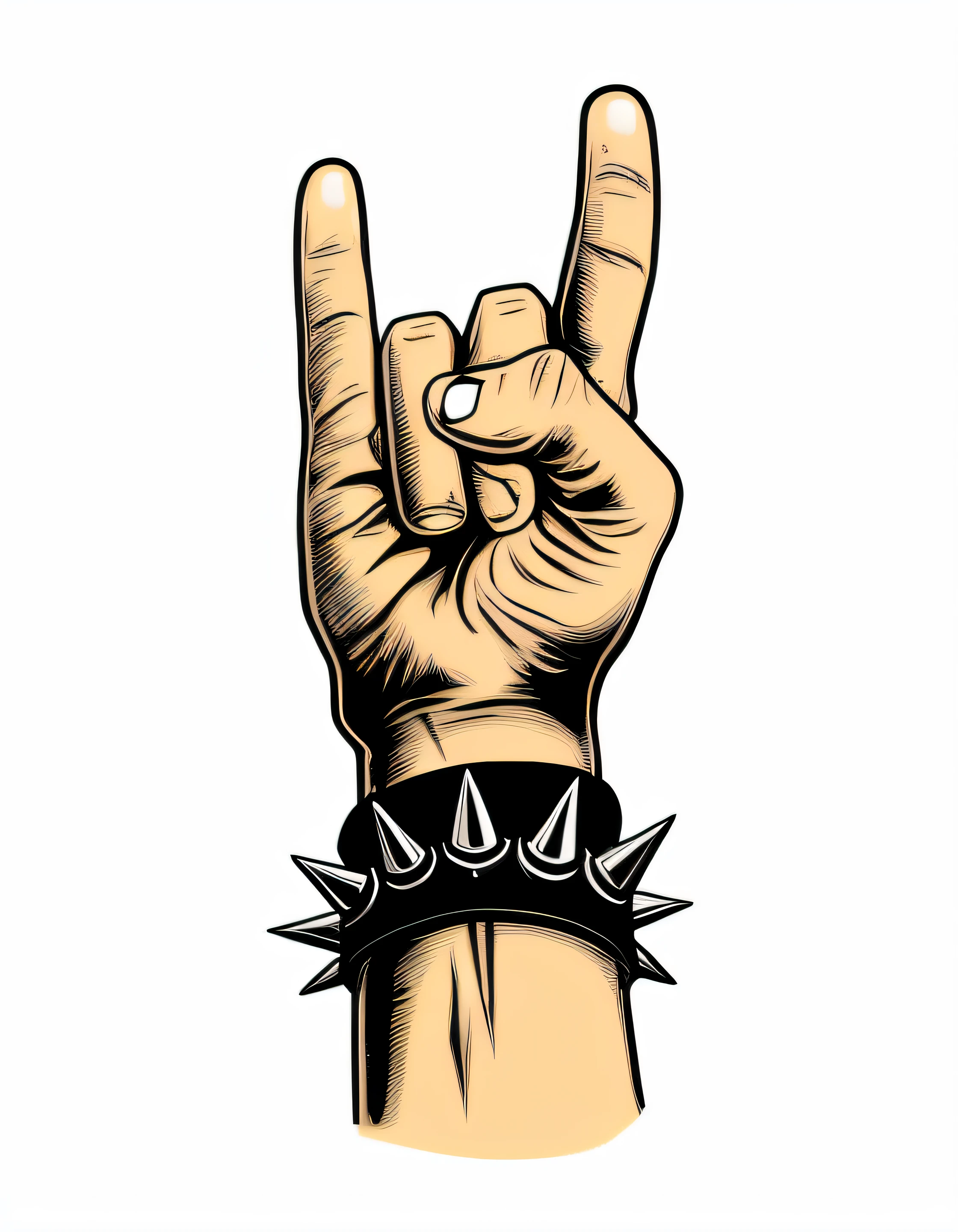 a hand with a spiked finger and a spiked bracelet, heavy metal style, heavy metal!, heavy metal comic style, rock music, middle finger, rock n roll, horns!, with index finger, giving middle finger, he is a rockstar, devil horns, devil horns, with horns, heavy metal art style, swinging,  hand gesture. REALISM. PUNK