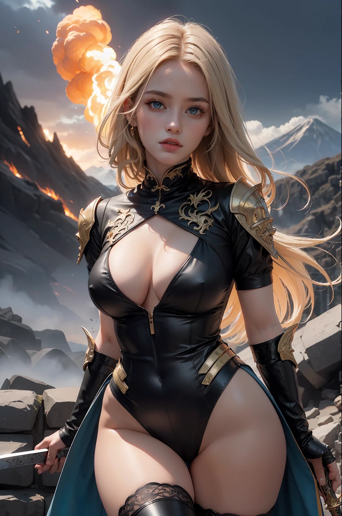 Very detailed CG, (beautiful eyes, white tight dress, gray tight suspender lace trimmed stockings, girl on dragon back, 1 girl, red pupils, plump and symmetrical breasts, raised buttocks, black armor, gold trim, blue and white long dress, black long leather boots, light blonde long hair, holding a long sword), (black python, wrapped), chest closeup, buttocks close-up, volcanic eruption, magma, flame special effects, flame, sky, mountains, clouds, castle, dynamic angle, flowing, 8k wallpaper, masterpiece, Best quality, super detailed, best lighting, best shadows