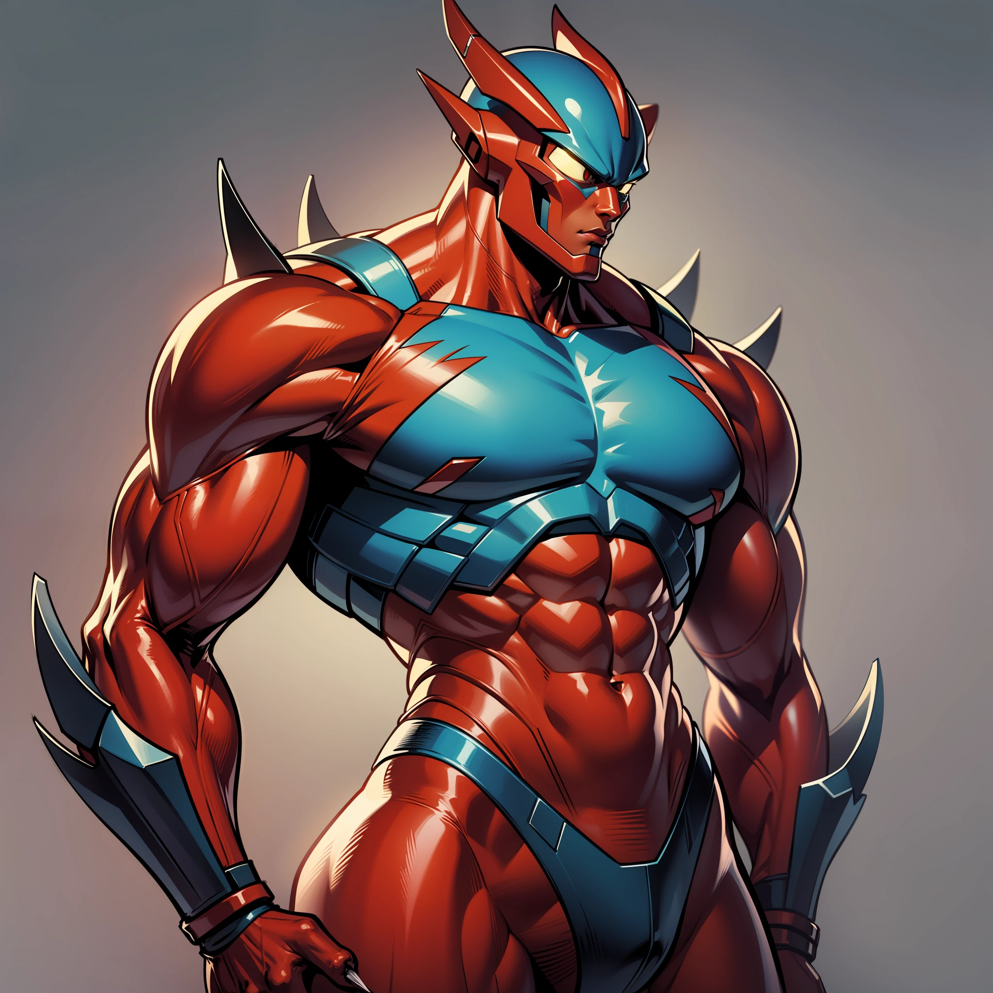 cartoon alien with an unusually muscular body, claws and a red body, celshade, guyver style,
