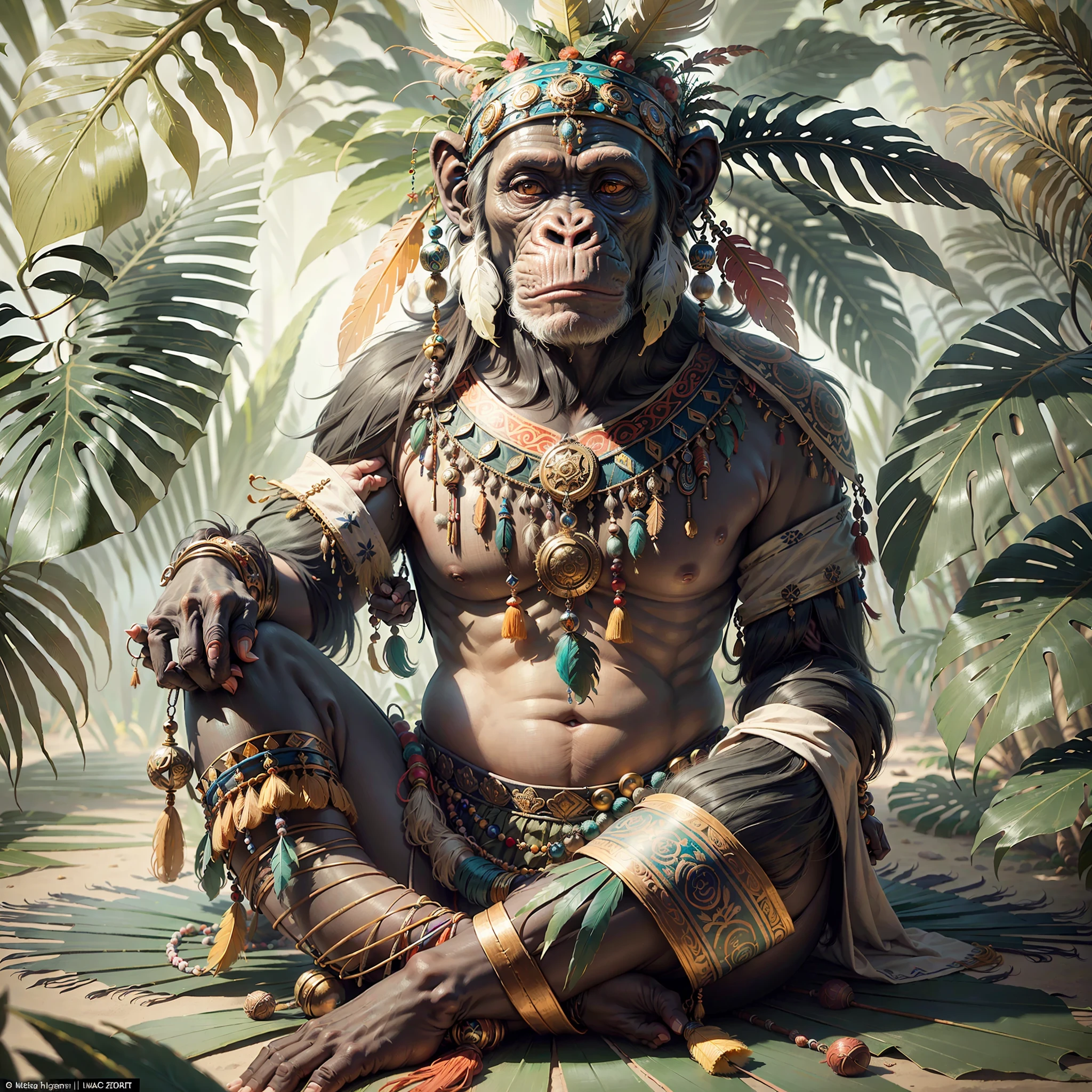 Chimpanzee with headdress ((Shaman)),((meditative state),,Shaman, elegant chimpanzee, hair with details, with Indian headdress on head, ((meditating)) many colorful feathers, colorful feathers, facing the camera, detail: dense tropical foliage, highly detailed intricate, ((masterpiece)), ultra hyperrealistic, masterpiece