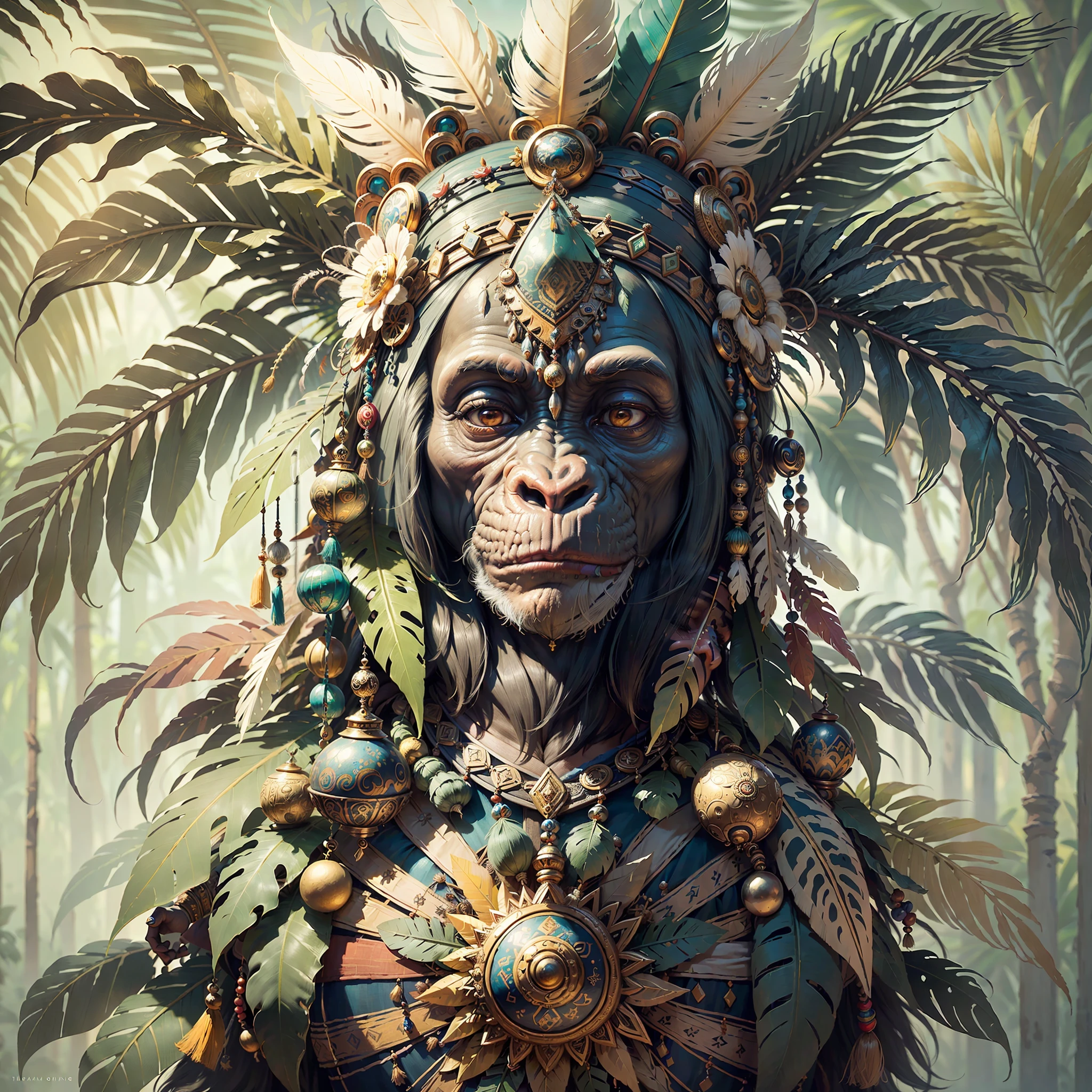 Chimpanzee with headdress ((Shaman)),((meditative state),,Shaman, elegant chimpanzee, hair with details, with Indian headdress on head, ((meditating)) many colorful feathers, colorful feathers, facing the camera, detail: dense tropical foliage, highly detailed intricate, ((masterpiece)), ultra hyperrealistic, masterpiece