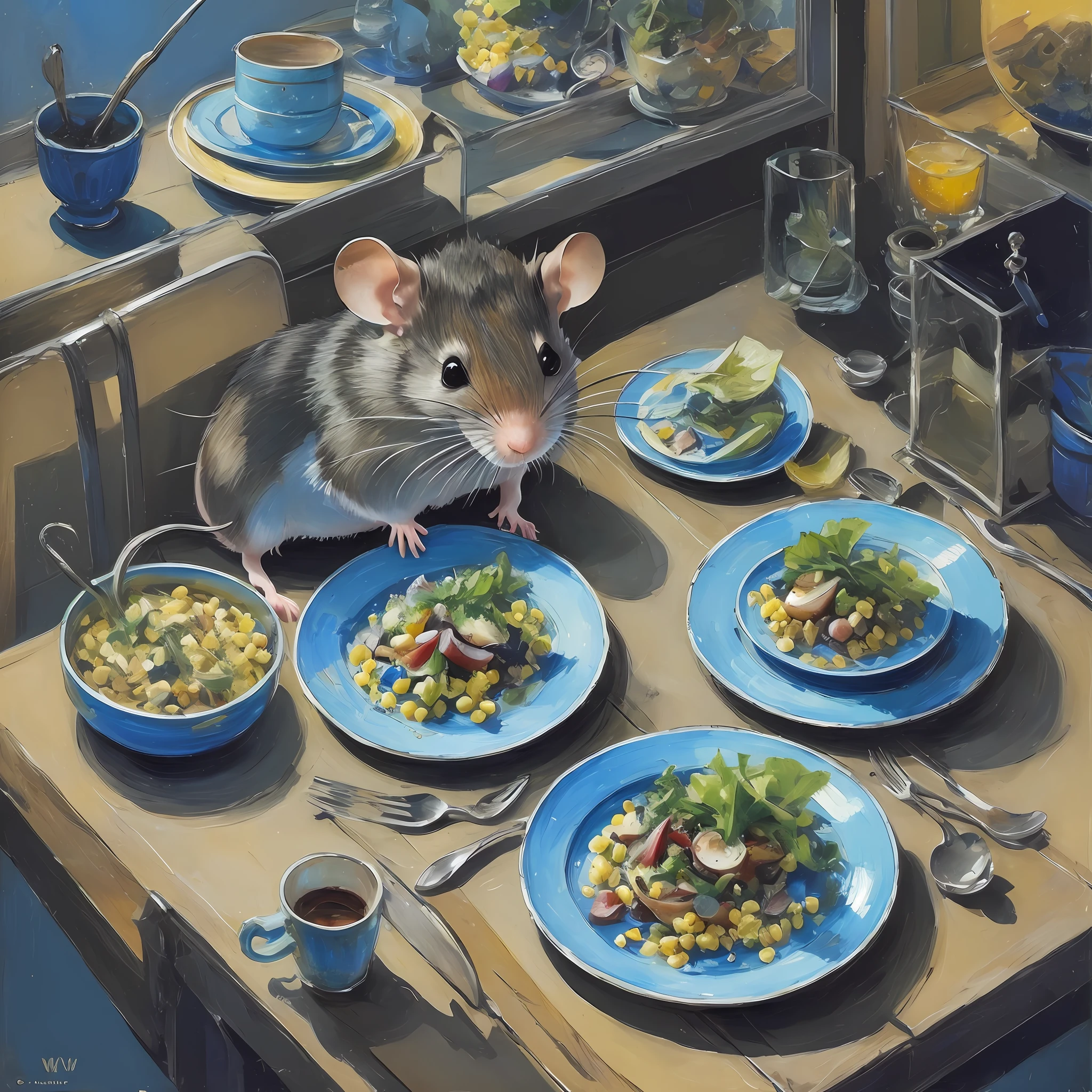 Rodent Mouse Jungle Lazy Little Cornflower Blue, Precious, Magnificent and Sumptuous, in the style of Charles Reiffel, Wim Crouwel and Franz Kline, resolution 32k ,near a plate of food and talking to a man. --auto --s2