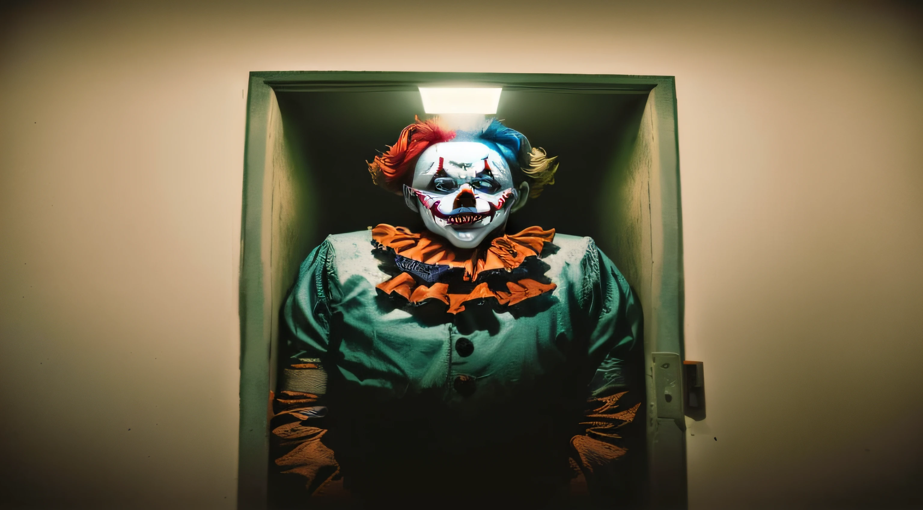 clown in doorway with light coming through, scary clown, the clown is far from the camera, clown, by Jakob Gauermann, portrait death clown, horror photography, scary picture, by Dietmar Damerau, stephen king as pennywise, by Adam Chmielowski, wearing clown makeup, scary picture in color, wearing accurate clown makeup, scary look