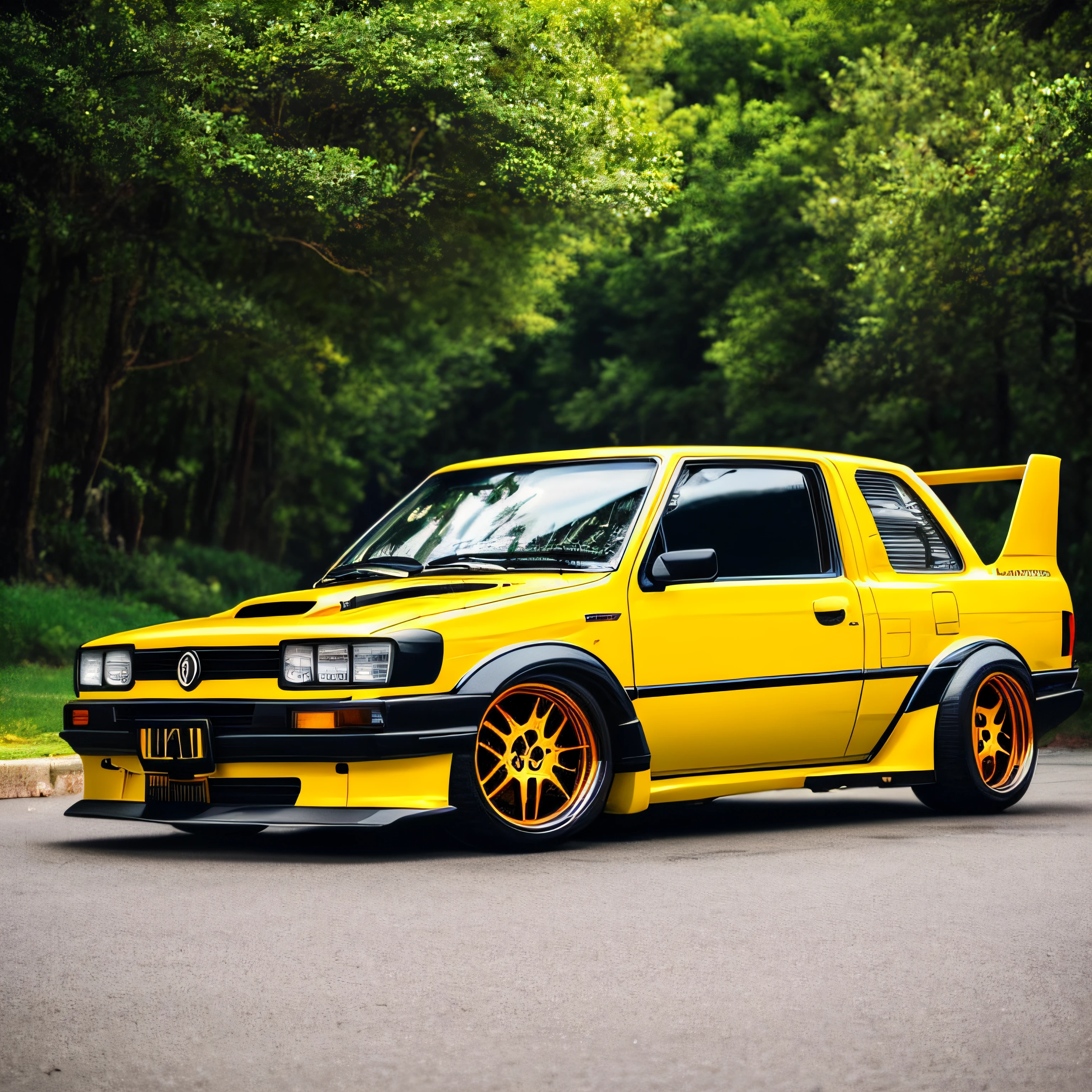 Um close up de um carro amarelo estacionado em uma rua, 9 0 s vibe, tunning, 90's vibe, wide body, amarelo brilhante, WRX Golf, 90s style, Very Sad C 12.0, Some Glints and Specs, Orange Racing Stripes --auto