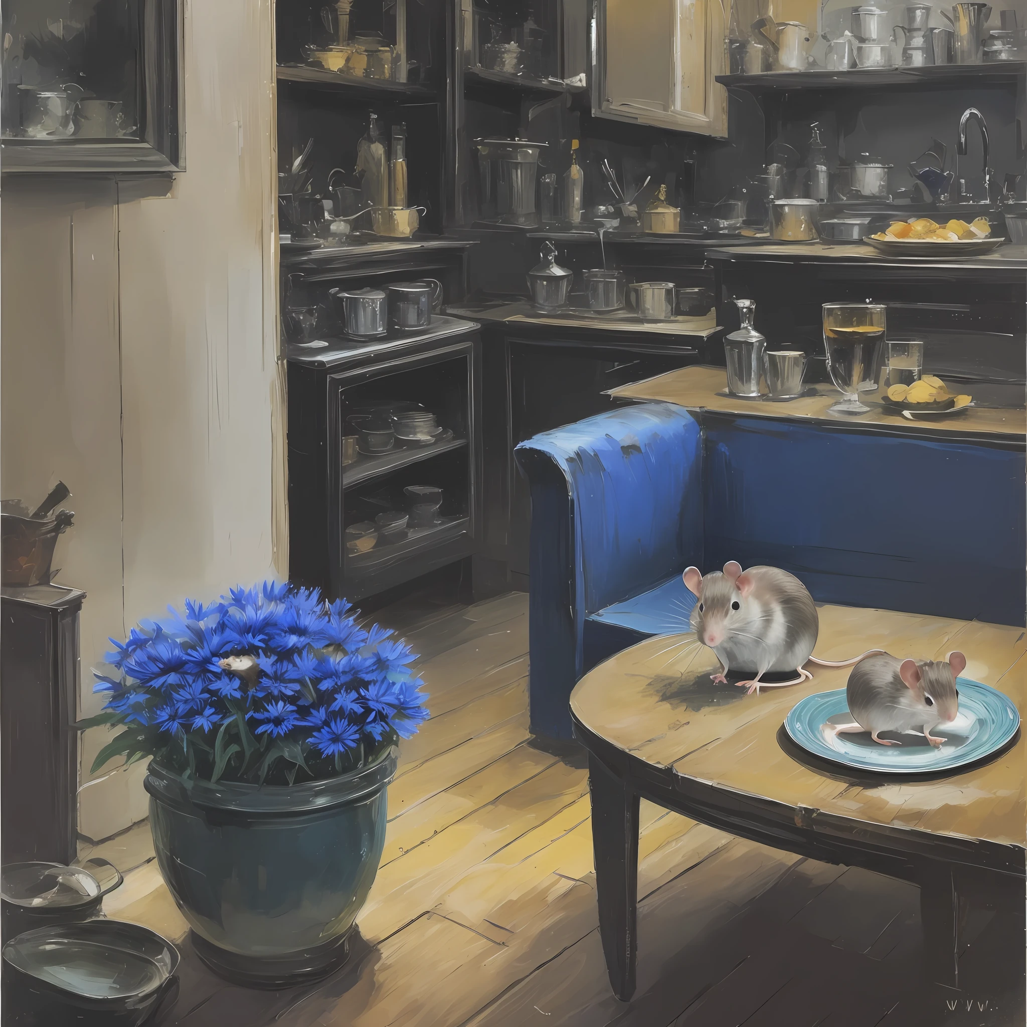 Rodent Mouse Jungle Lazy Little Cornflower Blue, Precious, Magnificent and Sumptuous, in the style of Charles Reiffel, Wim Crouwel and Franz Kline, resolution 32k ,near a plate of food and talking to a man. --auto --s2