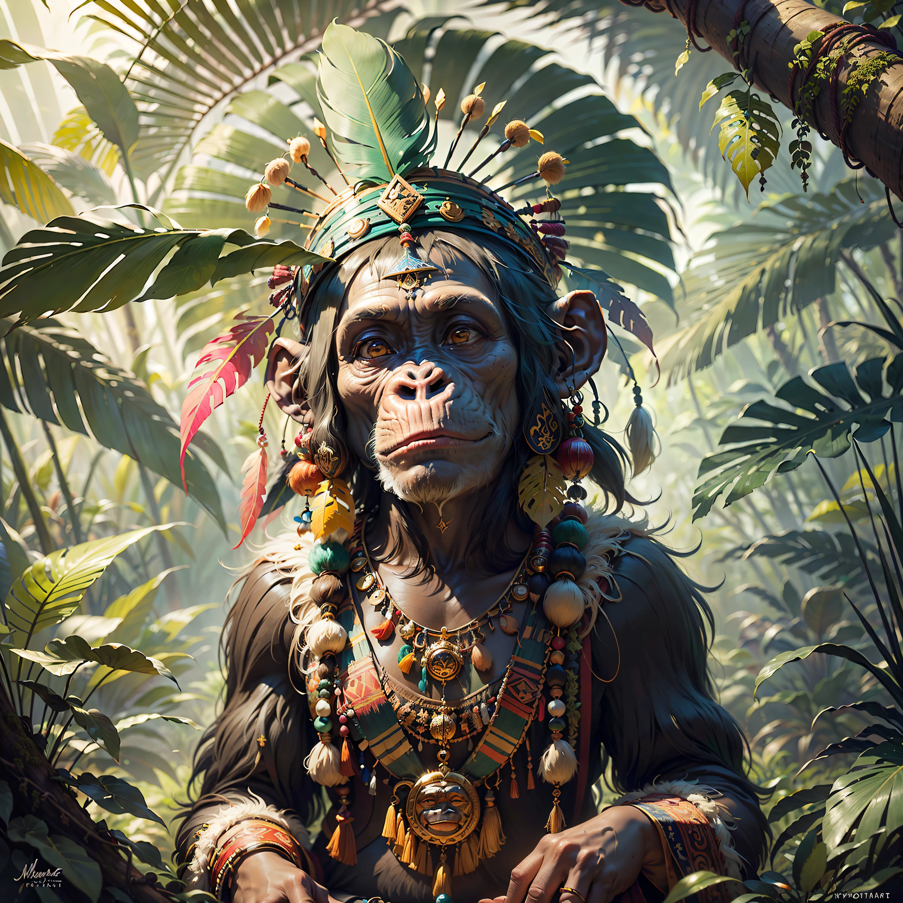 Cheerful Chimpanzee Head ((Shaman)),,((meditative state),,Shaman, elegant chimpanzee, hair with details, with Indian headdress on head, ((meditating)) many colorful feathers, colorful feathers, facing the camera, detail: dense tropical foliage, highly detailed intricate, ((masterpiece)), ultra hyperrealistic, masterpiece, tropical forest, tropical jungle, dense foliage, moss