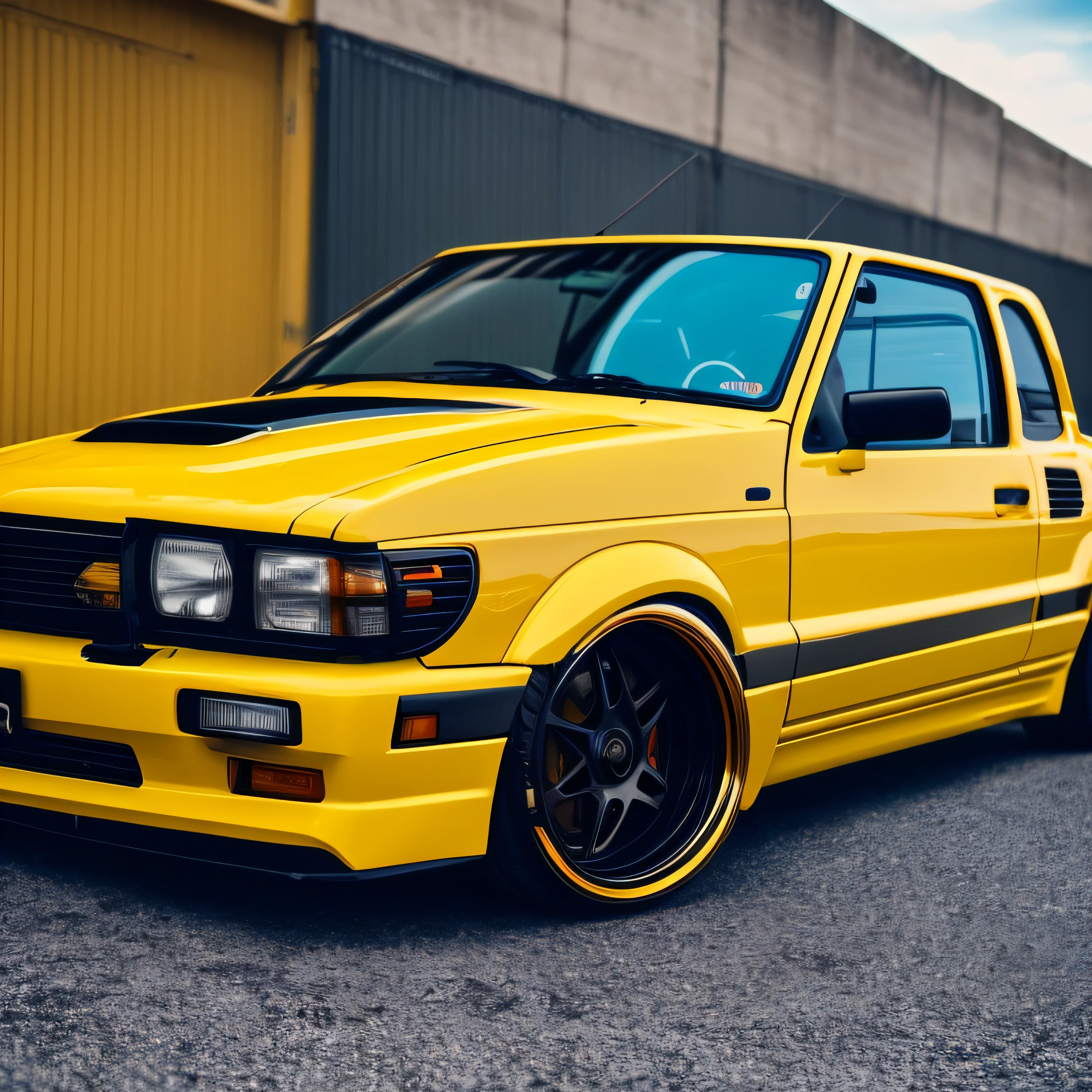 Um close up de um carro amarelo estacionado em uma rua, 9 0 s vibe, tunning, 90's vibe, wide body, amarelo brilhante, WRX Golf, 90s style, Very Sad C 12.0, Some Glints and Specs, Orange Racing Stripes --auto