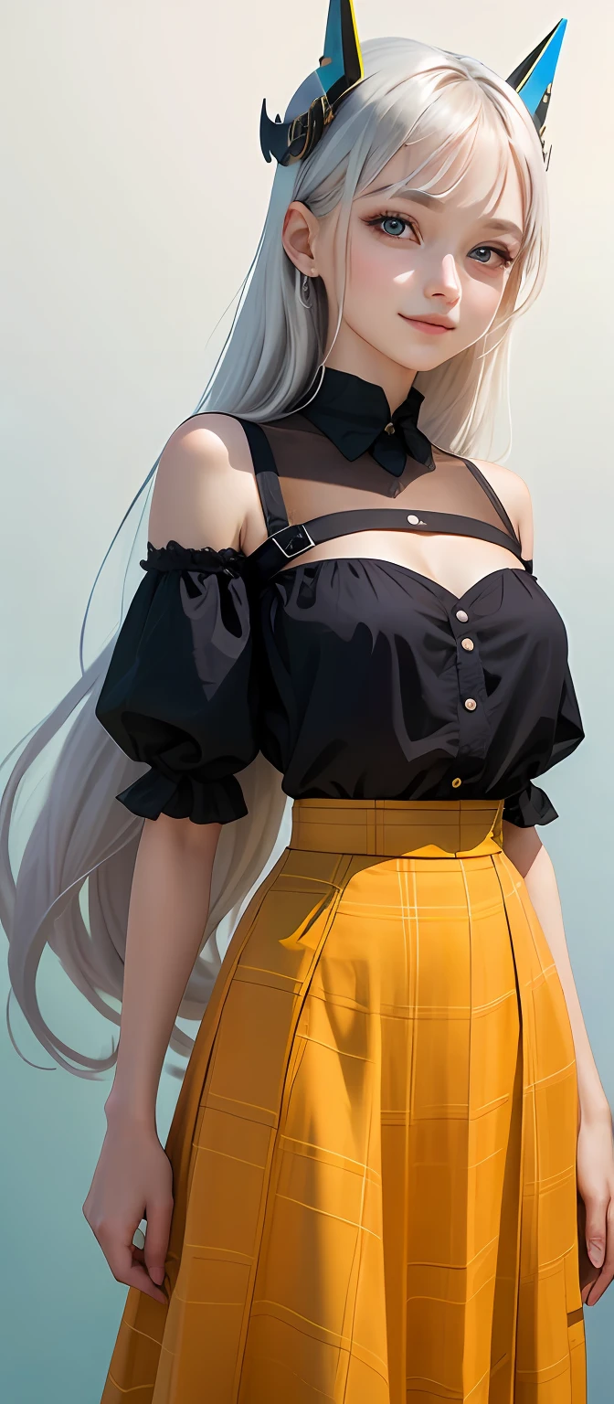 slender, happy face, square neck, 1girl, (masterpiece:1.1), (white see-through-blouse:1.1) (best quality:1.1), (plaid skirt:1.1), high waist long skirt, BREAK [blue:pink:0.5] theme, (gradient background: 1.1 ), cowboy shot, break silver hair, long hair,, green eyes, delicate headgear