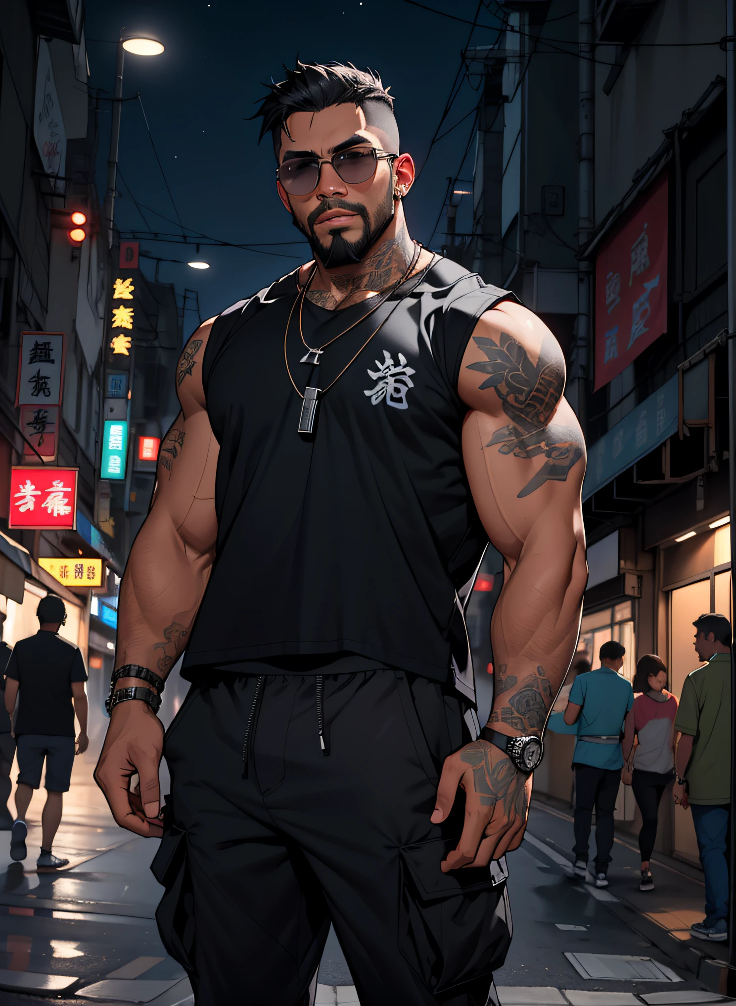 black man, short hair, muscular, beard, streetwear, cargo pants, necklace, taiwan, street, (masterpiece, best quality, highres, ultra detailed), night, depth of field, sunglasses,