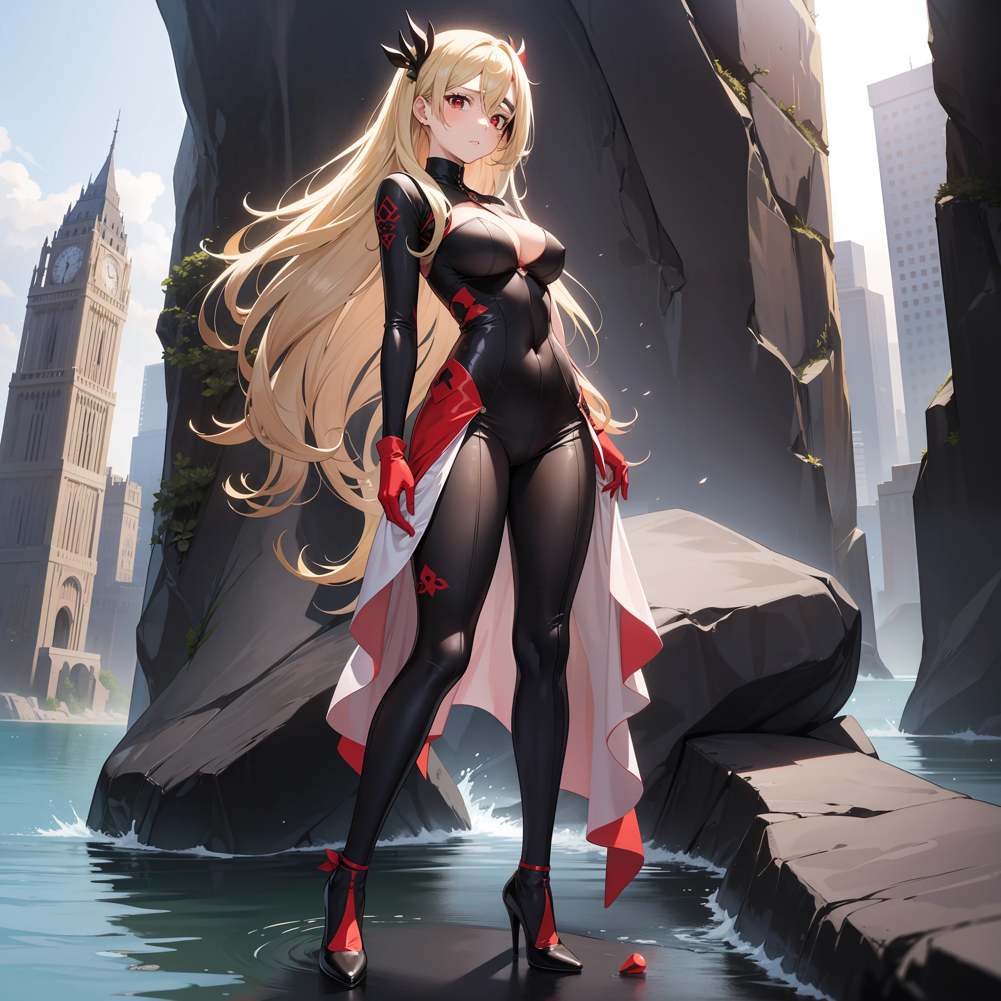 Age 30 years woman, Long blonde hair with pin doll, Wearing left eye patch, wearing a black red white bodysuit, high heels, red eyes, Standing on the rocks facing a small town with 1 tallest tower, sad, best quality, masterpiece, HD, Full Body, beautiful face