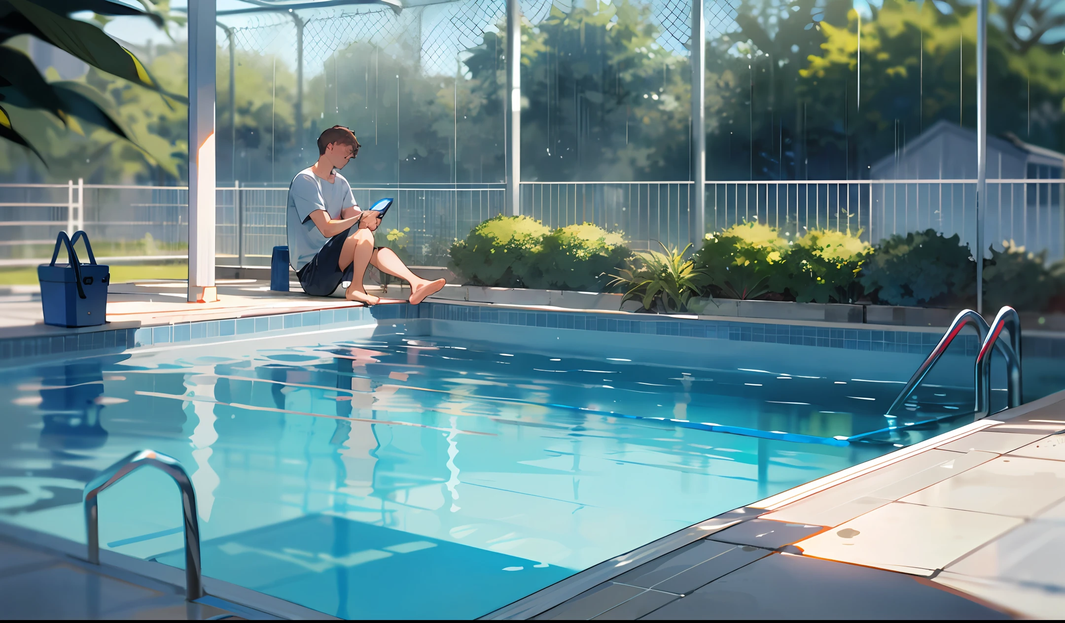 A 25-year-old man alone by the pool on a rainy day
