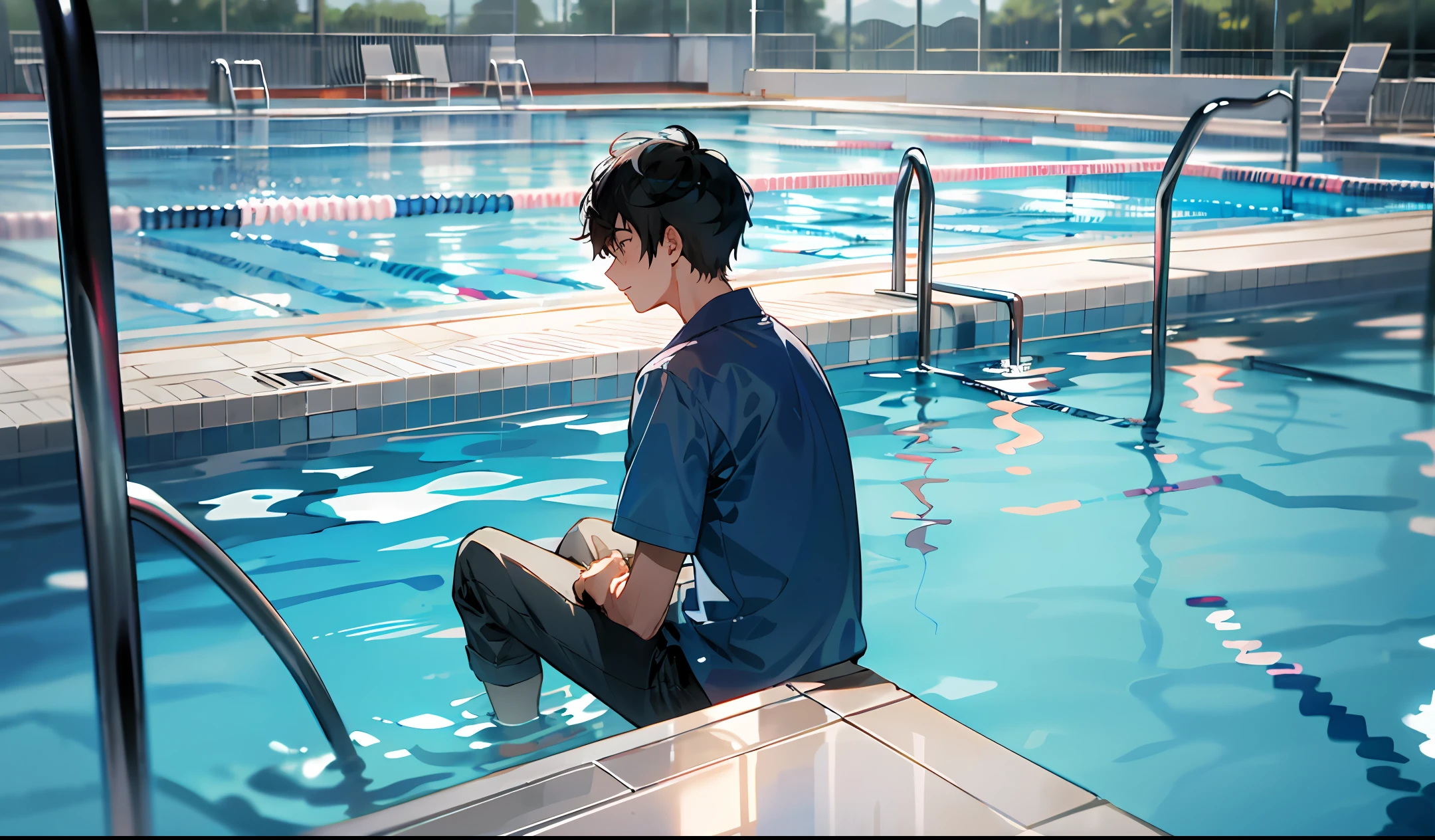 A 25-year-old man alone by the pool on a rainy day