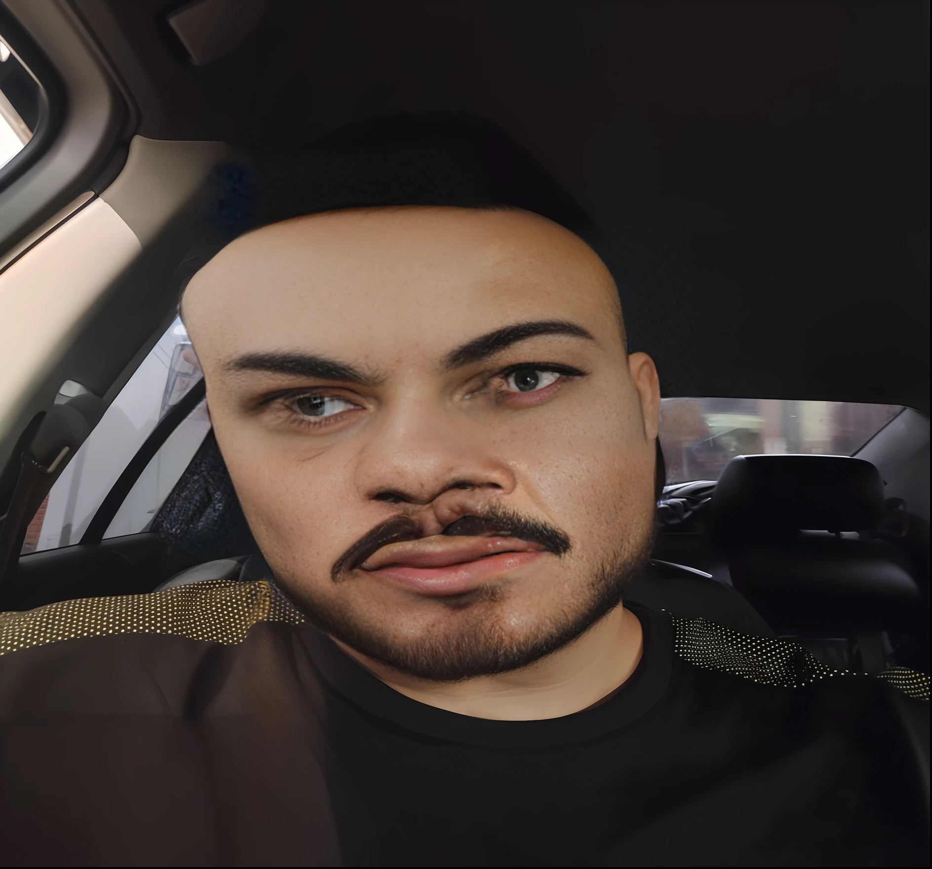 arafed man with a beard and a mustache in a car, 8k selfie photograph, angry look, angry looking at camera, with serious face expression, 3 2 years old, selfie of a man, very very low quality picture, aykut aydogdu, 2 9 years old, angry look in his face, 2 8 years old, unibrow