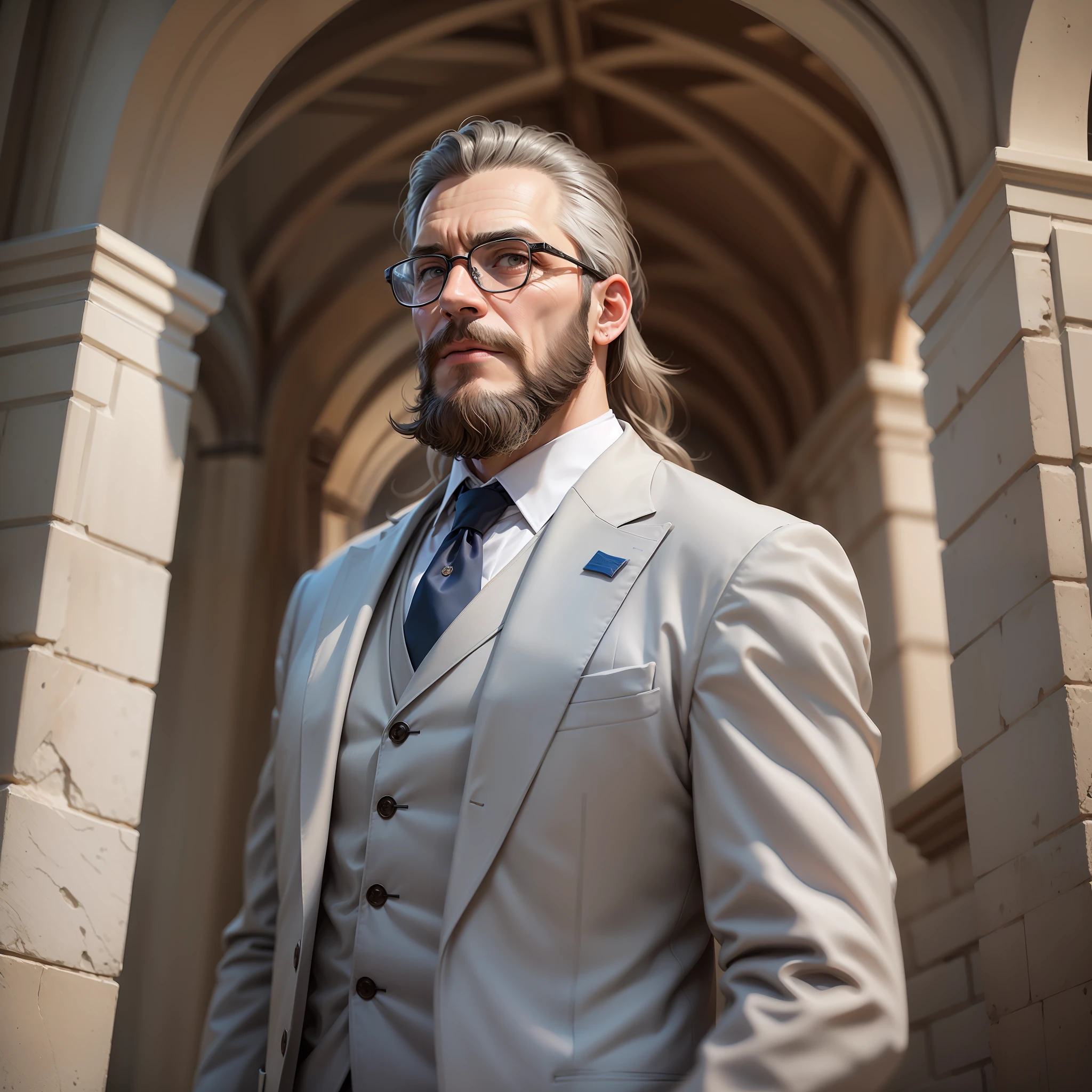Man 45 years, detailed face, RAW photo, high quality (beard) (glasses) (gray suit) standing looking at Christ the Redeemer.