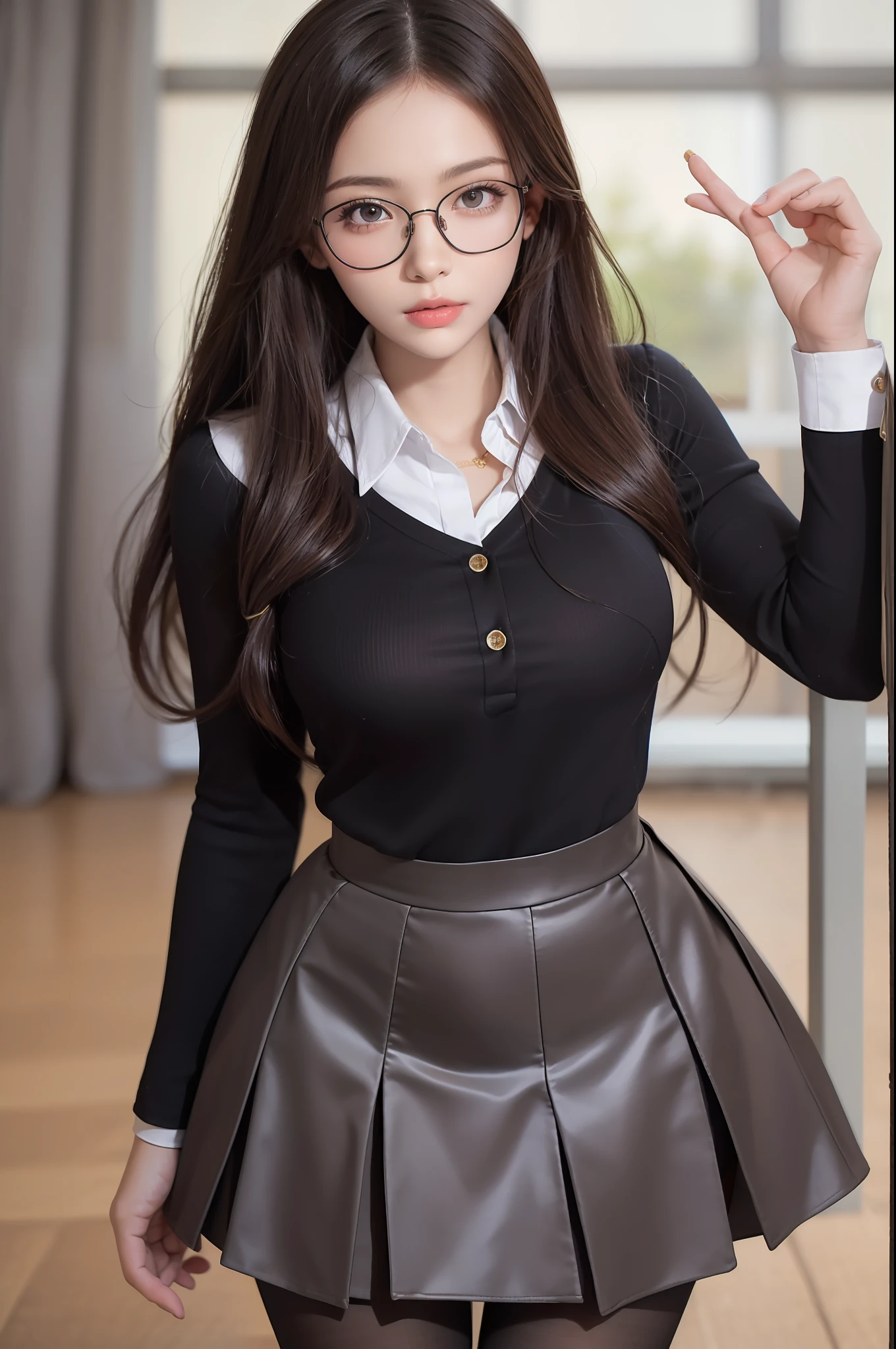 Pretty girl standing, thin legs, high heels on the ground, classroom, (masterpiece:1.3), (8k, photorealistic, RAW photo, best quality: 1.4), (1girl), beautiful face, (realistic face), black hair, long hair, beautiful hairstyle, realistic eyes, pretty detailed eyes, realistic skin, beautiful skin, super high resolution, super realistic, very detailed, golden ratio, cute, cute female teacher, high school girl in jk uniform, surreal high school girl, short skirt, tight skirt, pantyhose, black stockings, full body view, thin arms, big breasts, with gold wire glasses