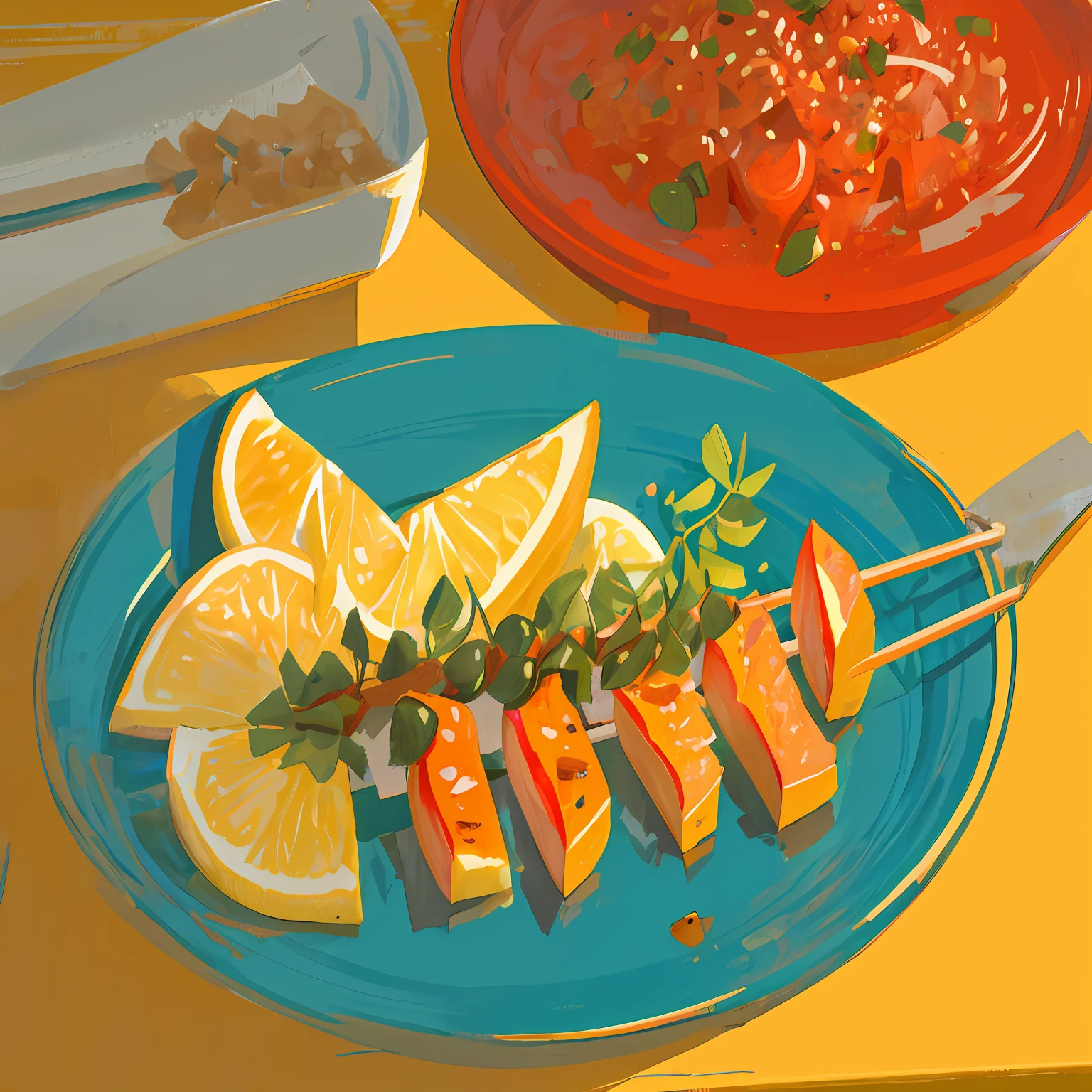 flat illustration, a dish with 2 juicy mixed skewers, a bottle of olive oil, a pepper grinder and a glass of wine in the background,warm color, bright background, flat illustration, , attractive, beautiful, high resolution --v6
