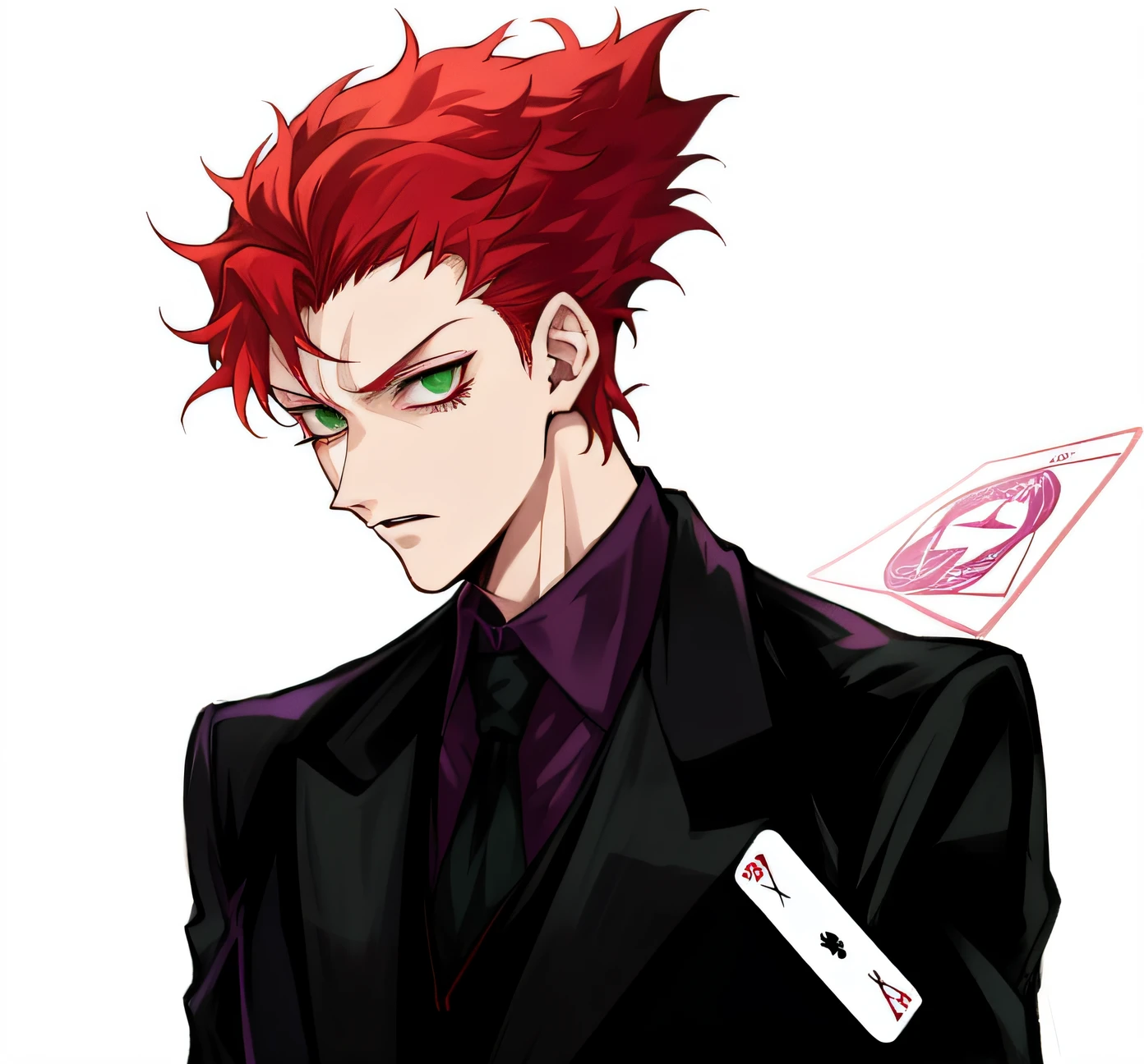 anime - style image of a man with red hair and a suit, portrait of hisoka hunter hunter, hisoka, joker looks like naruto, kakyoin, shinigami, hisoka from hunter × hunter, joker as naruto, ichigo kurosaki, as an anime character, johan liebert mixed with alucard, tarot cards characters, trickster