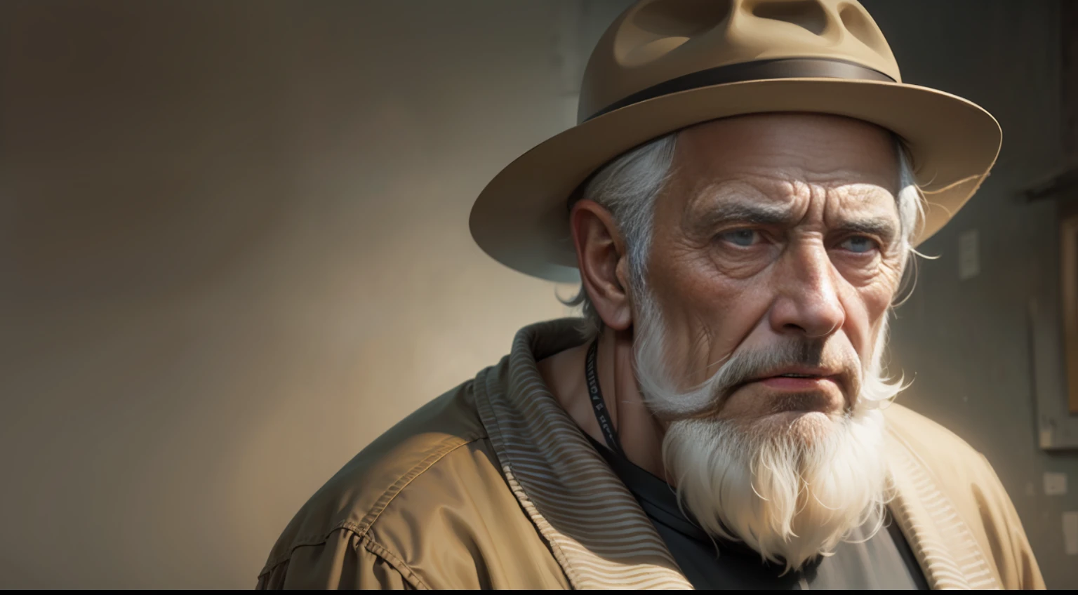 An old, poor man with tired look, wrinkles, conceptual art, oil painting, colorful, realistic, grumpy, with hat, beard, neutral background, old clothes and deep look