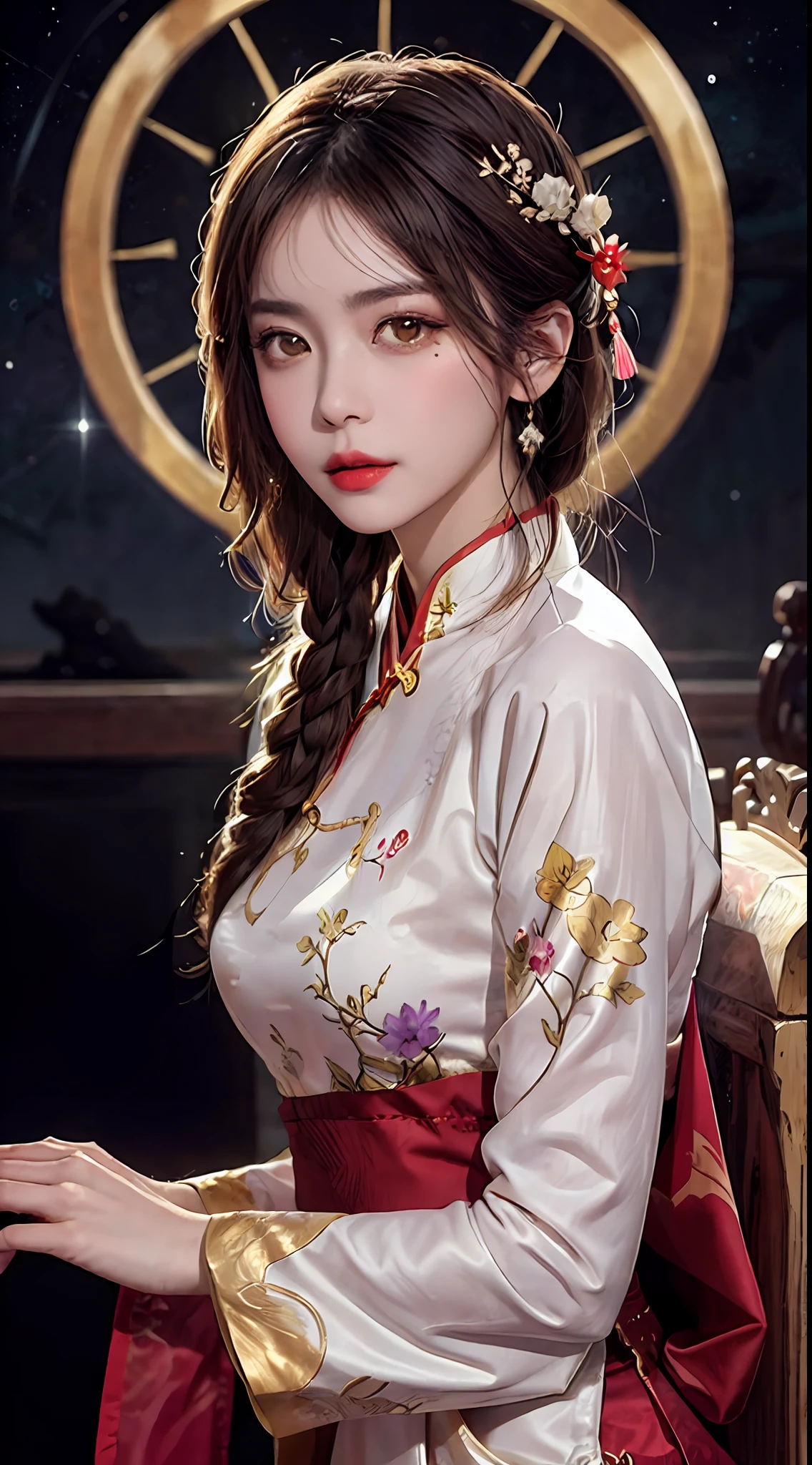 Woman wearing red and gold dress, flower background, palace, hanfu girl, chinese style, with ancient chinese costume, wearing ancient chinese costume, traditional beauty, Chinese Traditional, chinese girl, cheongsam, chinese costume, chinese princess, hanfu, chinese traditional clothing, chinese costume, 1 27-year-old girl, 1 zodiac goddess from the future, goddess of the pink and purple 12 zodiacs, the goddess of the zodiac in a yellow ao dai, a 12 zodiac ao dai with many black lace detail, mythology Goddess of the 12 zodiacs from the future, zodiac ♏, luxurious glittering zodiac style, dark and mysterious version, zodiac crown, lipstick lips red, thin and beautiful lips, mouth closed, characters made by karol bak and pino daeni, intricate detail, detailed background, extremely detailed, light magic, a woman, clear face, hair long with bangs, beautiful face in detail and well-proportioned eyes, (transparent yellow eyes: 1.8), big round eyes and very beautiful and detailed makeup, foresight, silk dress, mysterious makeup , double bangs and dyed light blonde , upper half portrait, zodiac goddess portrait, arms hanging loosely, Realistic and vivid photo, (stars make up the zodiac: 1.7), (sky background zodiac and fictitious space and time portal: 1.8), fiction art, RAW photo, hanfu picture, best photo, best photo quality, 8k quality, 8k ultra, super realistic, real photo most economical, the goddess poses sexy and seductive,