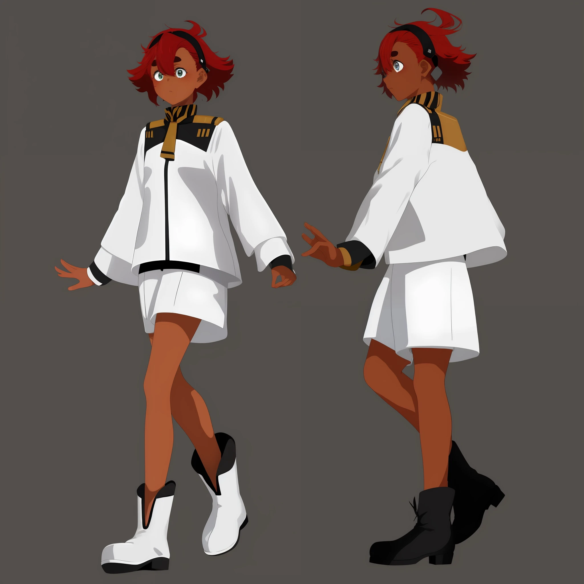 1girl, suletta mercury,asticassia school uniform, standing, black boots,white jacket, white shorts, black, african american, very dark skin, one girl, pure black skin, simple background, cute, human, masterpiece, top quality