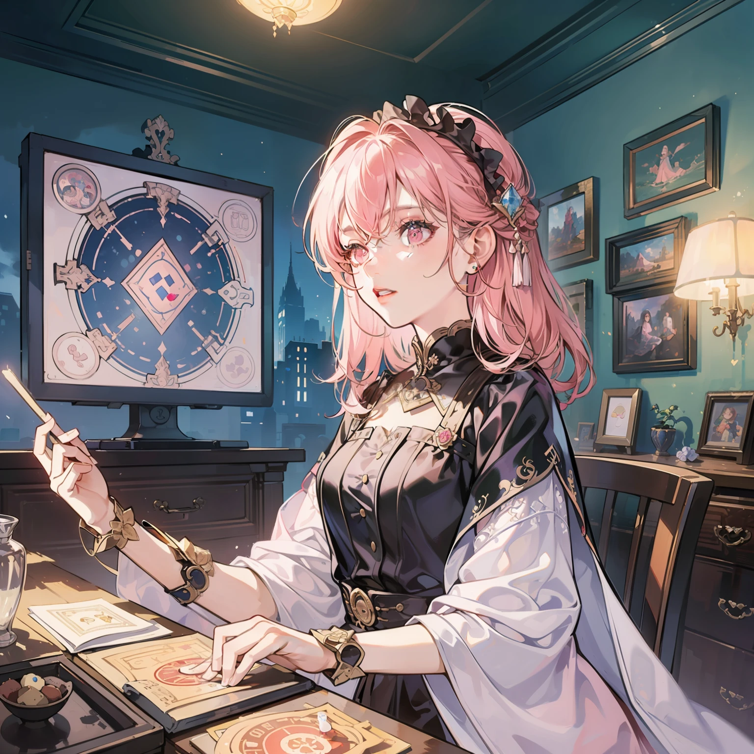 ((((Background Person)))), (((Background))), (Masterpiece)), Very detailed, Top quality, 8K, Illustrations, Backgrounds drawn by excellent animators, Girl's Room, Thin Lines, Pink, Pretty Room, Crystal, Fortune Telling, Mystical,