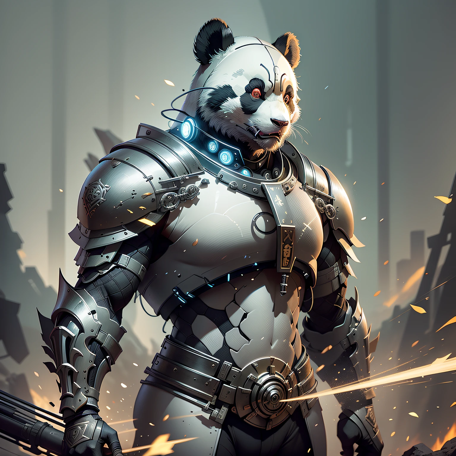 Cyborg panda bear, strong and metal with fire --auto