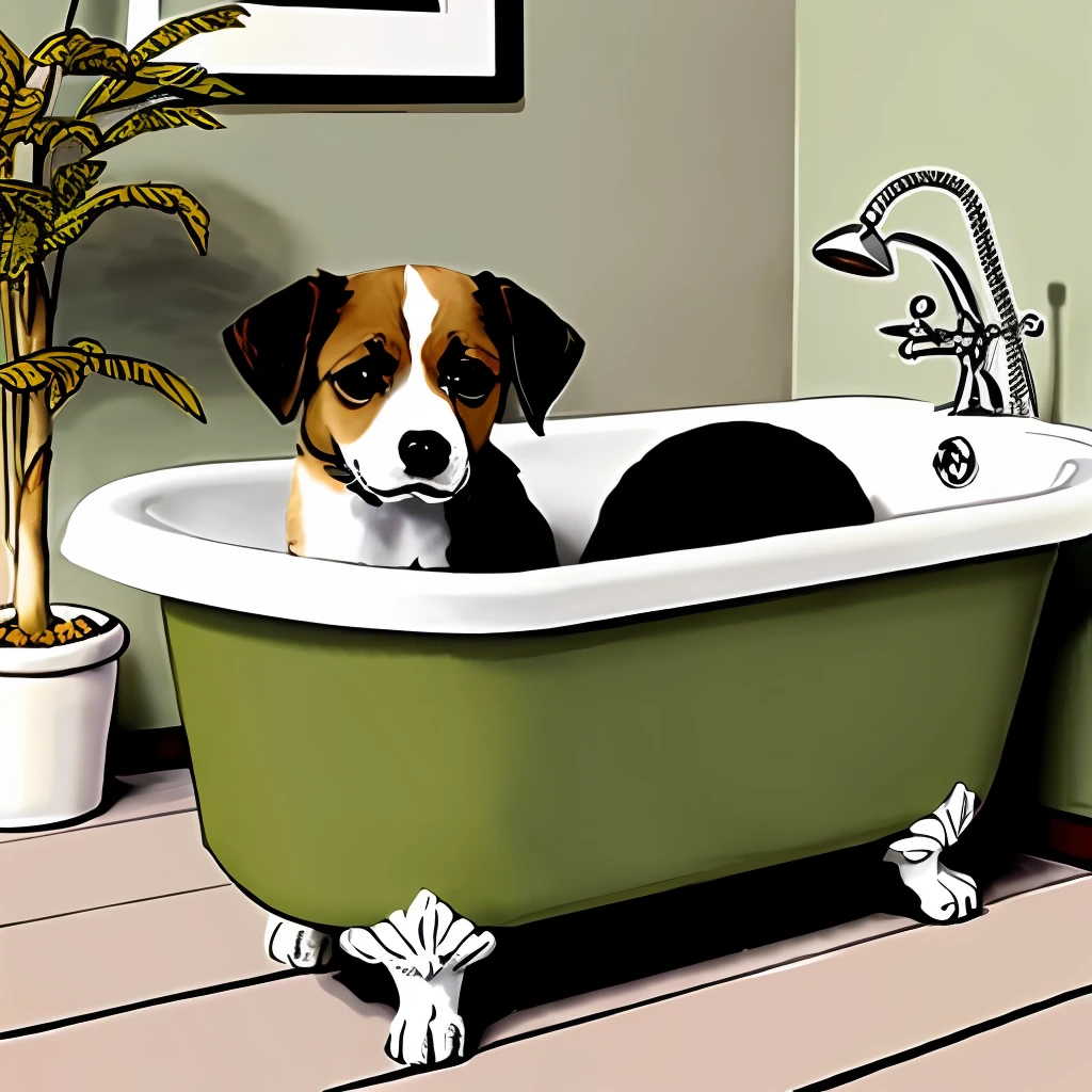 Puppy inside a bathtub with plants