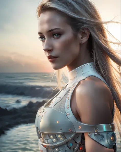 blond woman with long hair standing on beach near ocean at sunset, beutiful white girl cyborg, portrait beautiful sci - fi girl,...