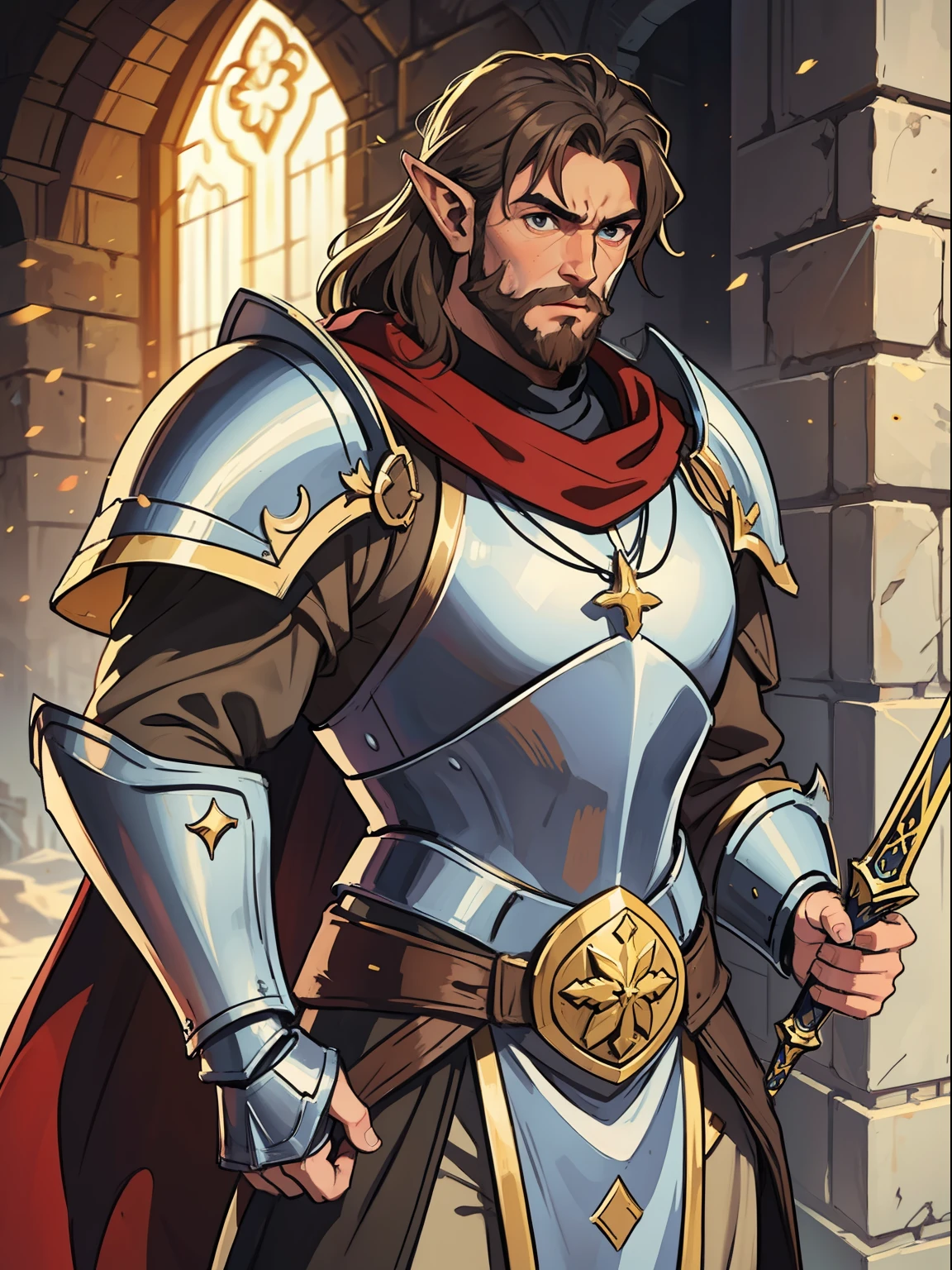 a brown elf man as a paladin warrior he is a warrior of faith with a powerful silver armor he is a broad and stout man with long brown silky hair with a beard well-defined masculine features a warrior of faith in a medieval castle with a divine golden light illuminating the environment divine magic light light of faith paladin power magic a paladin for a DND RPG, a sturdy armor of a medieval knight but showing his face;