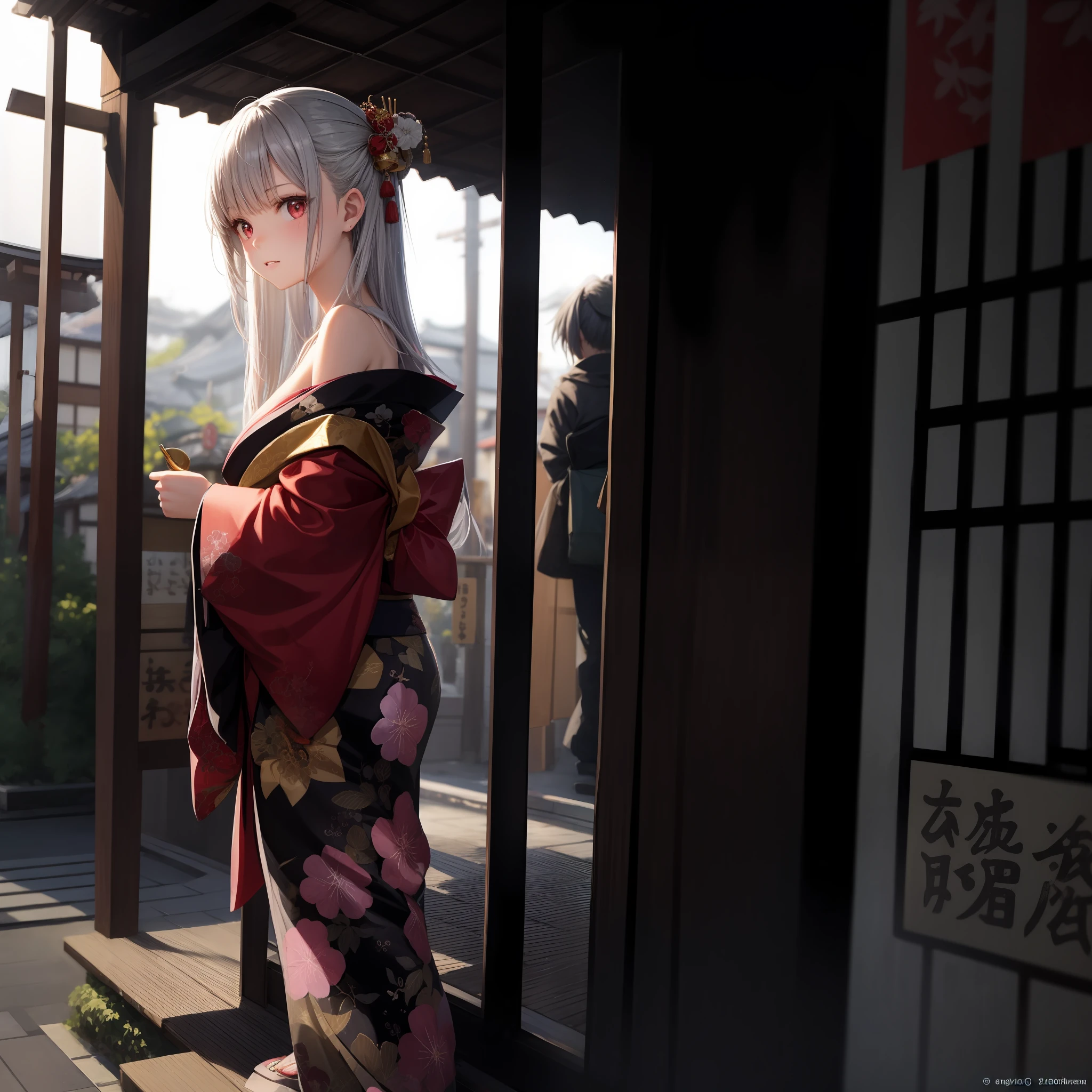 Anime, girl with gray hair and red eyes, beauty, kimono, off-shoulder, kyoto, solo, alone, one person