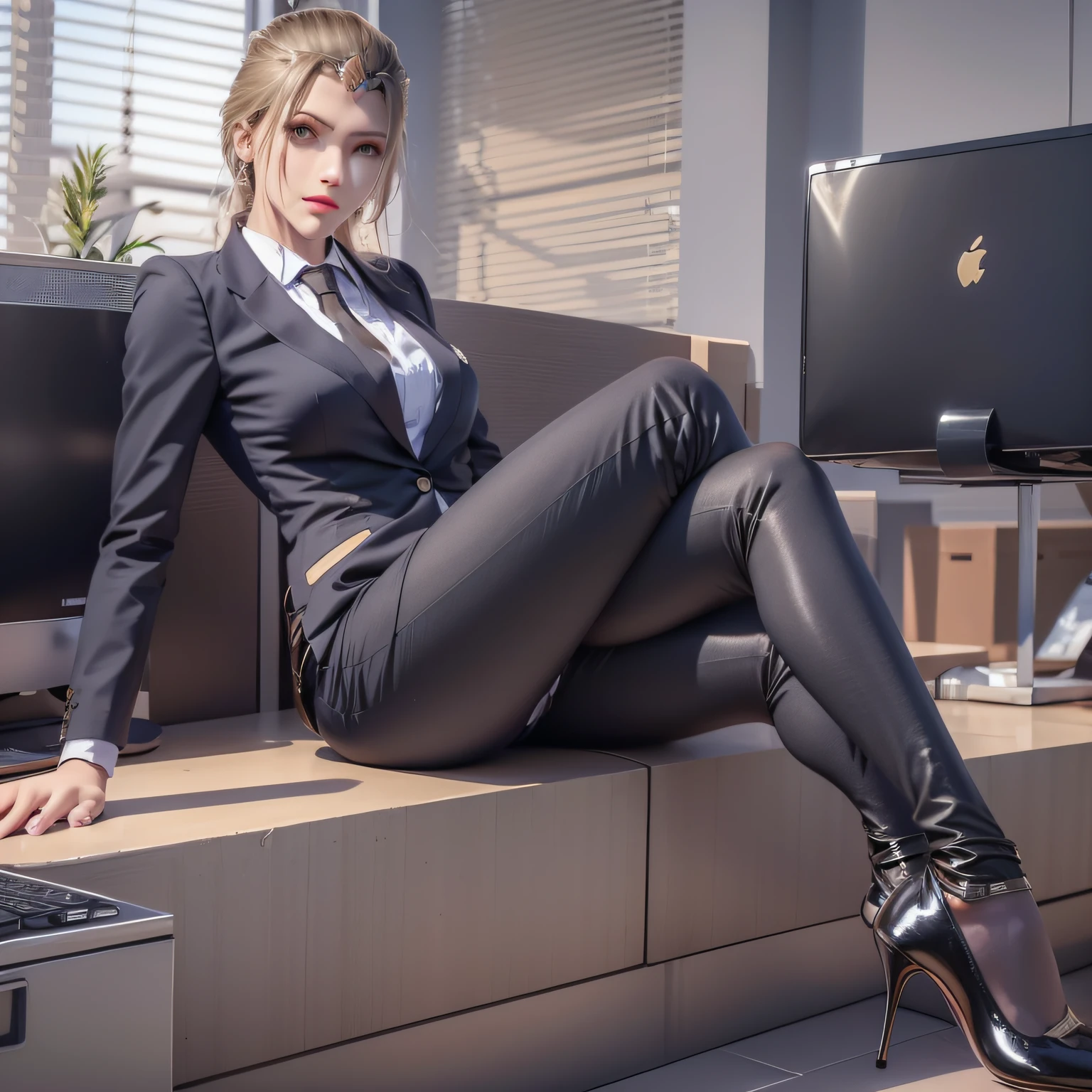 Casual pose, black stockings, shirt, women's suit, OL, black silk, black high heels, workplace high heels, black trousers, short hair, workplace trousers, office, secretary, black suit, women's suit, women's suit, white collar, pocket, black silk