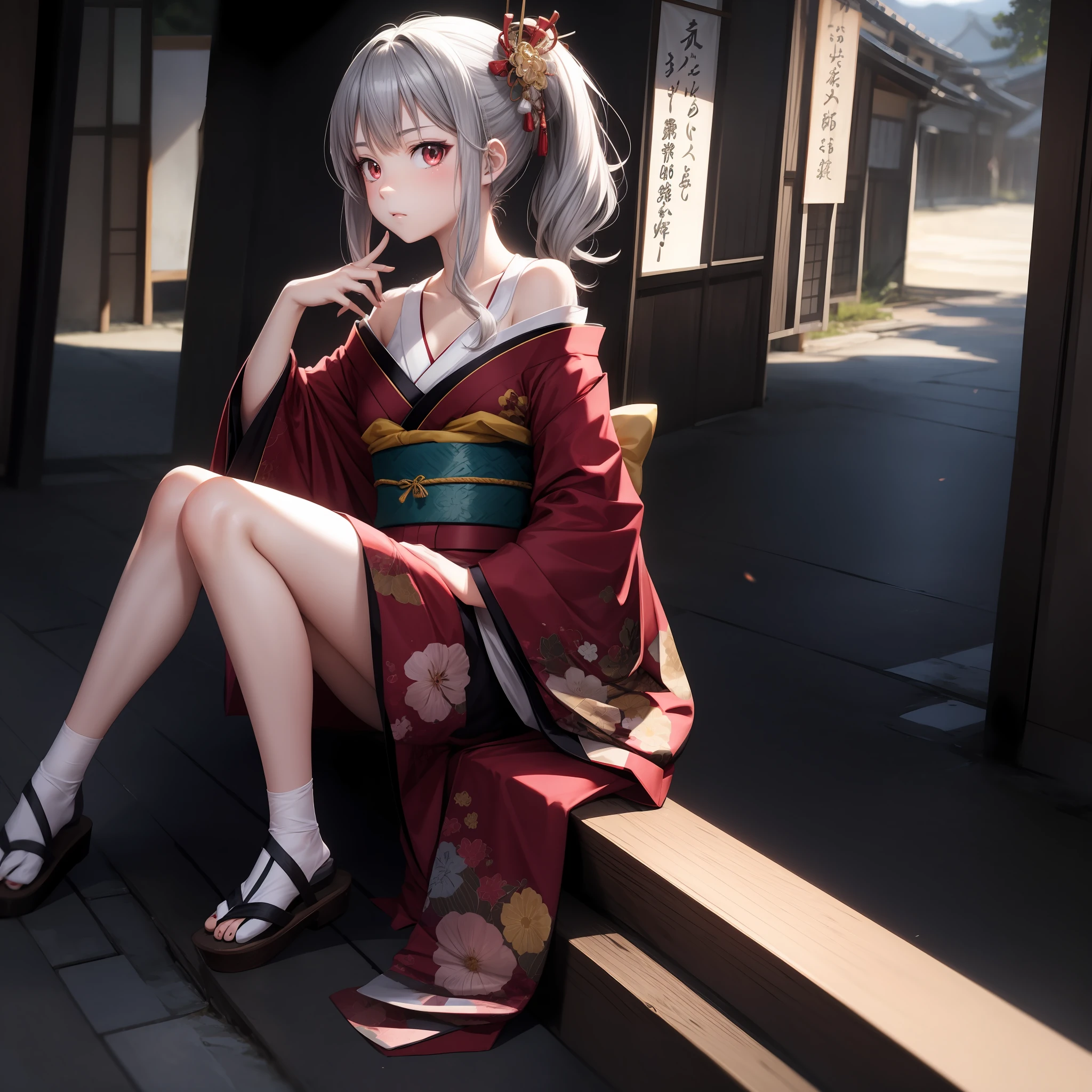 Anime, girl with gray hair and red eyes, beauty, kimono, off-shoulder, kyoto, solo, alone, one person
