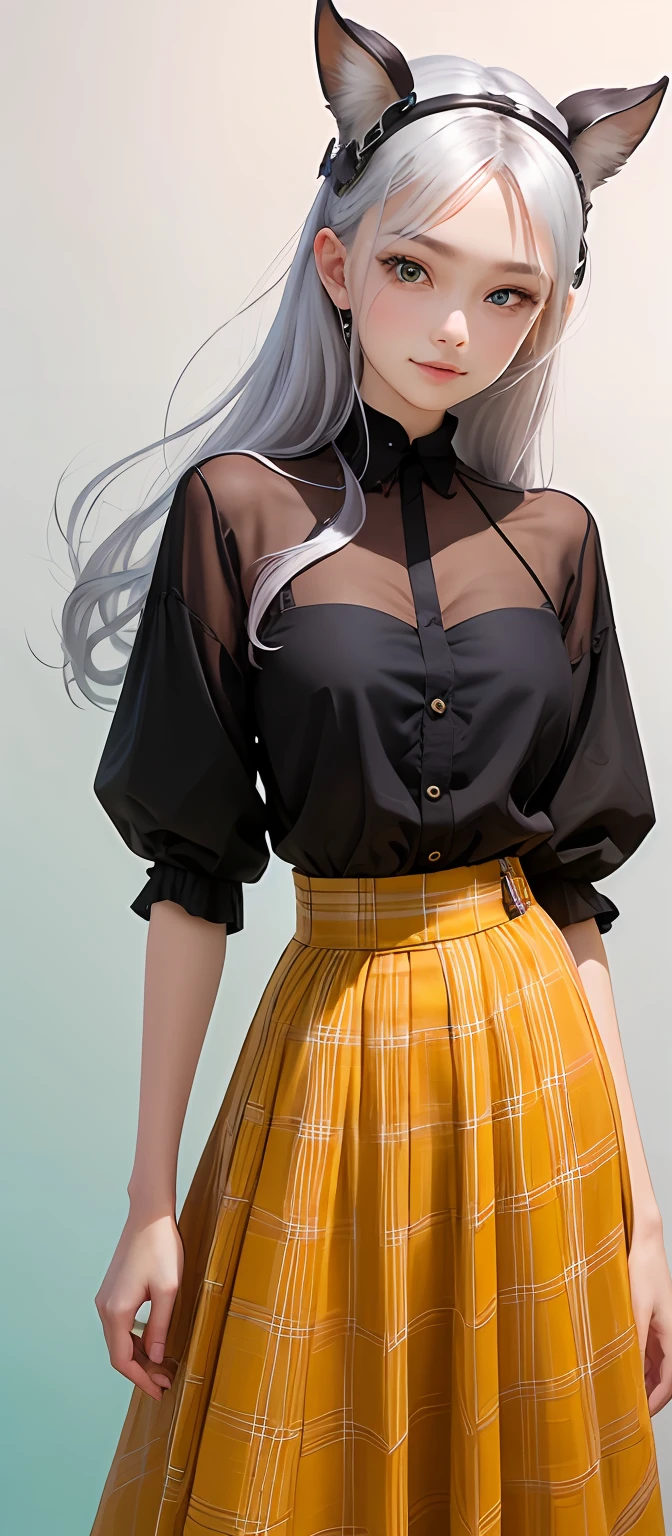 slender, happy face, square neck, 1girl, (masterpiece:1.1), (white see-through-blouse:1.1) (best quality:1.1), (plaid skirt:1.1), high waist long skirt, BREAK [blue:pink:0.5] theme, (gradient background: 1.1 ), cowboy shot, break silver hair, long hair,, green eyes, delicate headgear