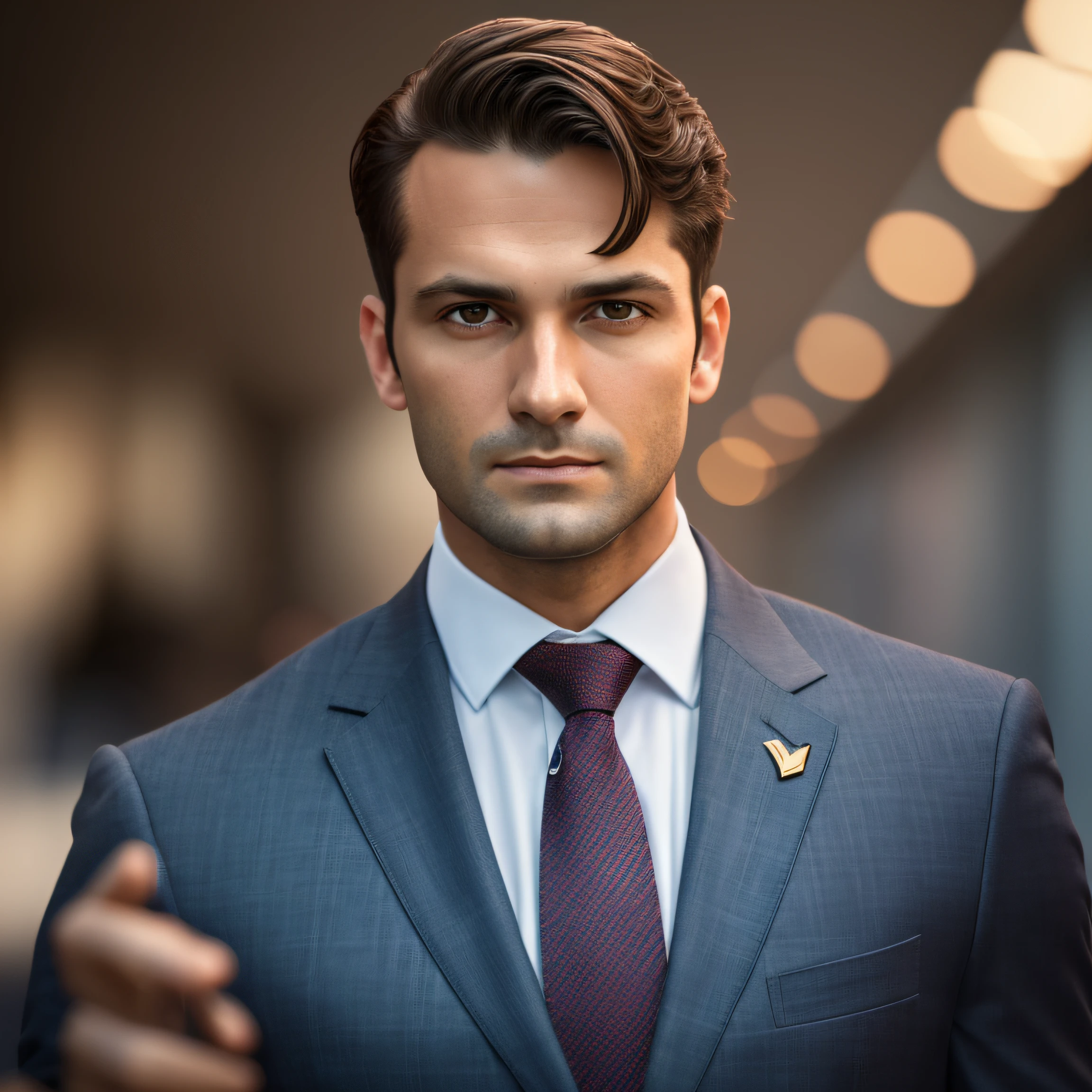 a Man standing with 30 years in suit and tie, body and head straight in the photo, DSRL, facing the viewer of the photo, eyes fixed to the lens, appears shoulders and head in the photo, man centered in the photo, 8k, best quality, masterpiece, realistic, realistic photo, movie photo, ultra realistic, 1 person, detailed,  Perfect lighting, DSRL, professional photo, 4k