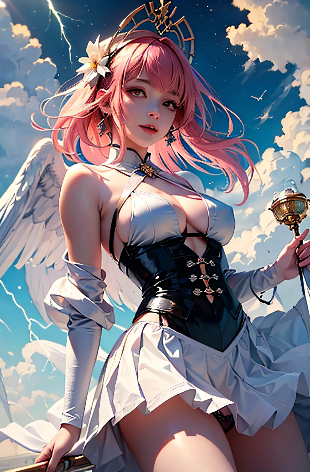 1女孩, 秋天, autumn_leaves, 刘海, 海滩, blue_sky, 脸红, 乳房, brown_hair, closed_mouth, 云彩, cloudy_sky, 锁骨, 天, 连衣裙, 田野, 花, flower_field, 地平线, 湖, 叶子, looking_at_viewer, 山, mountainous_horizon, 海洋, 户外, palm_tree, 花瓣, 植物, red_flower, short_hair, skirt_hold, 天空, 微笑, 独奏, 站立, 日落, 树, 暮光之城, 水, white_dress, 完美的眼睛 (star mark on face) (perfect face:0.7) (((1 girl))photorealistic ((back wrap skirt))(((holding a long magic lightning rod) ))(Dragon on sky:1.1)(white and pink color hair:1.2) ,angel aperture,sakura skirt, lace panties, (petal fly:1.1) angel ring on head ((dragon on sky))(angel wings) 絲巾環繞 (1mark on face) ((panties show up1.5)), big eyes, big boobs, shadow on body, skirt up, 絲巾飛,lifted up skirt , show panties, (moon in the background), flying up sky, the charizard is breathing fire, ((look at top)), smiling, (white and pink and colored hair), (dancing), active, best anatomy: 1.6, Unreal Engine 5, best quality, very detailed, detailed background, , Best Anatomy, Illustration, Ultra HD, RAW, (PureErosskin_V1:0.8), (ulzzang-6500-v1.1:0.4), , Wildcard Prompt: (((Masterpiece))), (((Best Quality ))), ((super detailed)), illustration, (detailed light), cinematic light, cute girl, flying hair, playful smile, light hair, pastel painting, art nouveau, In Full Growth, Cinematic Light, Ultra Detailed, Detailed Face, Realistic Face, Detailed Eyes, Realistic Eyes, Sweet Lips, Bright Smile, ((Flying Hair: 1.1, (Wearing Short Skirt: 1.3), Sharp focus, handsome, long-legged, thin, professional lighting, rendered eyes, hair accessories, (Asian Idol), architecture, birds and butterflies and bubbles in the air, lower boobs, navel, celestial body, city, nice Idol, ((( Above the waist))), ((no clothes)), (((perfect face))), 18y, magic castle, spaceship, (((masterpiece))), (((best quality))), perfect Eye,