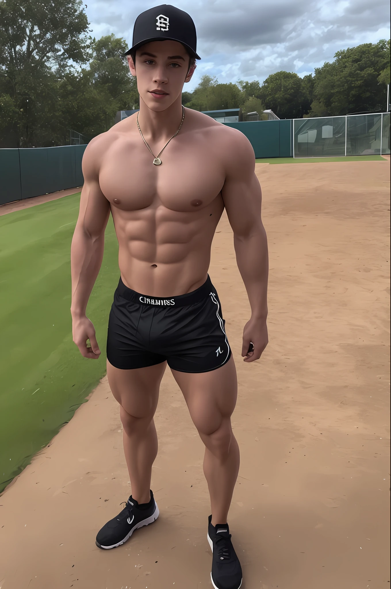 Full body view, realistic photo, A strong and handsome 23-year-old Shawn Mendes man, with a sculpted physique, confidently dressed in a baseball cap and a stylish compression shorts, highlighting his striking cleft chin and muscular arms, barefoot. Dramatic lighting, mega Gigachad.
