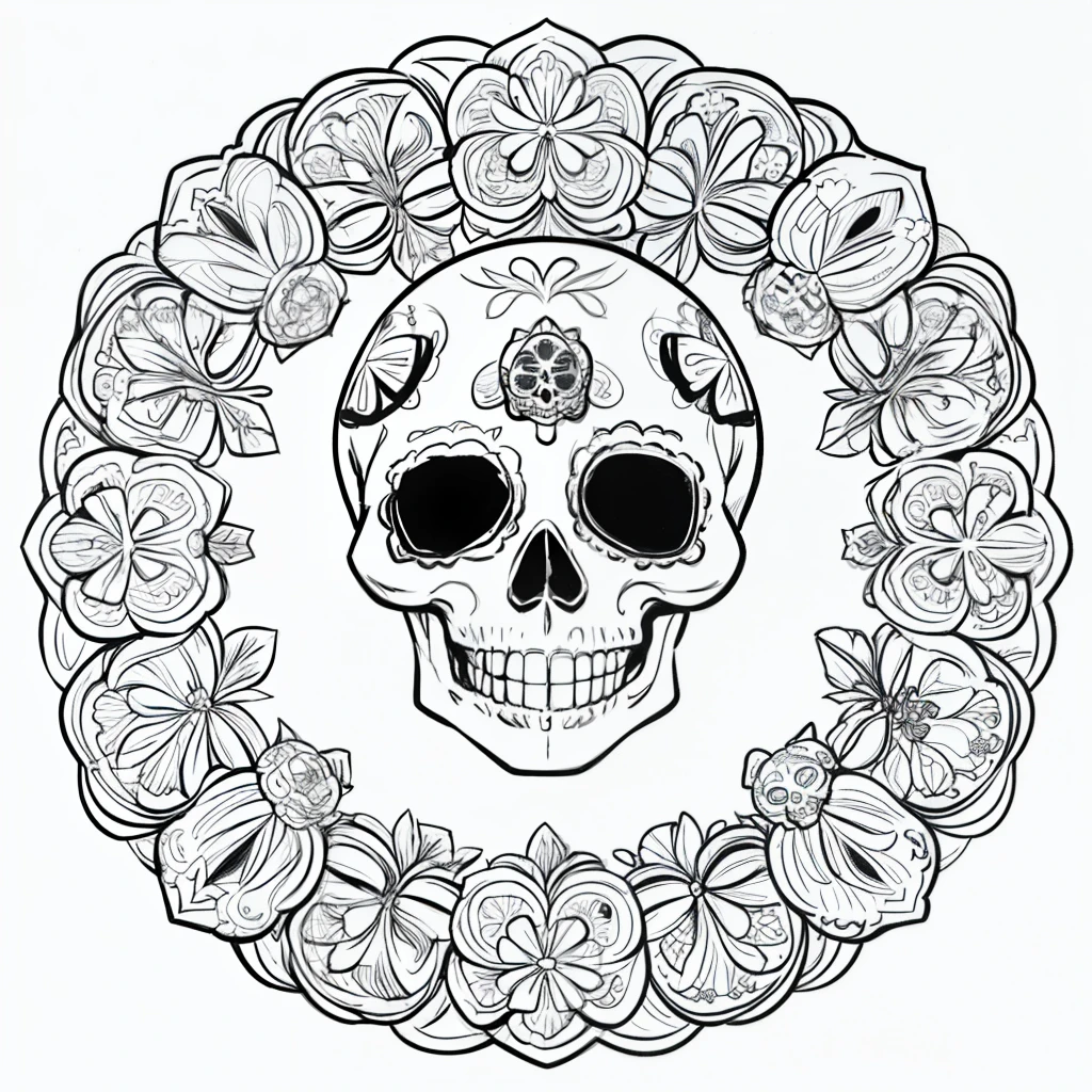 Masterpiece, best quality, (detailed background), high contrast, decorated sugar skull, flower background, thick and clean line drawings