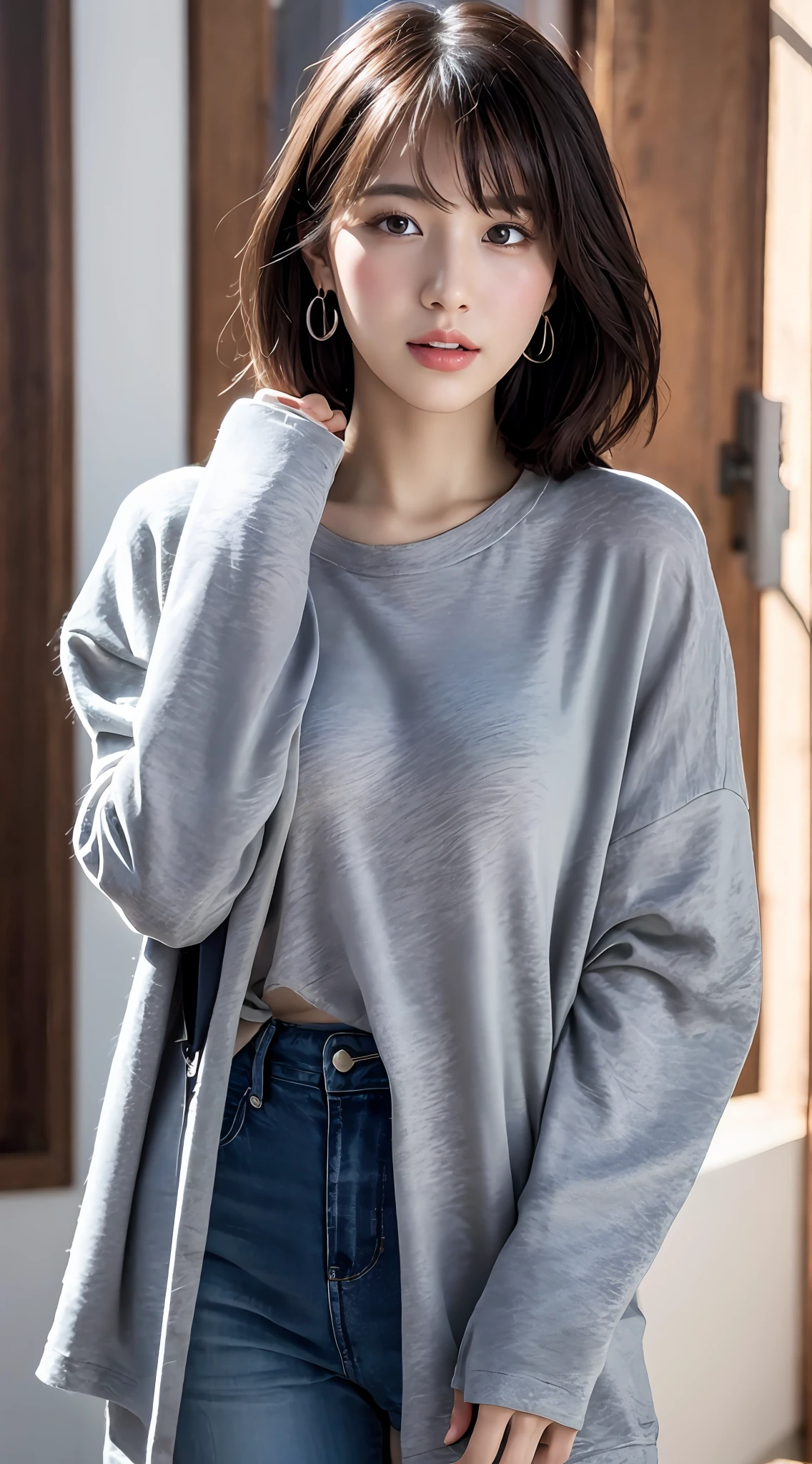 (8k, RAW photos, top quality, masterpiece: 1.2), ultra detailed, super resolution, (real, real photos: 1.37), portraits, high definition RAW color photos, professional photos, very detailed and beautiful, highly detailed, 8k wallpapers, amazing details, huge file size, official art, highly detailed CG Unity 8k wallpapers, highly detailed beautiful girls, highly detailed faces, Highly Detailed Eyes, Highly Detailed Skin, Highly Detailed Fingers, Very Detailed Nose, Highly Detailed Detailed Mouth, Perfect Anatomy, Detailed Background, Detailed Clothes, One Girl, (20:1.2), 20s, Cute Girl, Realistic Body, Petite, White Skin, Radiant Skin, Slim Body, Black Hair, Short Hair, (Blunt Bangs: 1.2), Cute, Youthful, Pretty Face, Realistic Face, Delicate Eyes, Sale Eyes, ( (Fashionable winter clothes)), ((Up)), (((Full body shot)), Earrings, Looking at the camera, Cowboy shot, Front-facing, Standing Posture, Contrapposto, Dynamic Lighting, C-Cup,