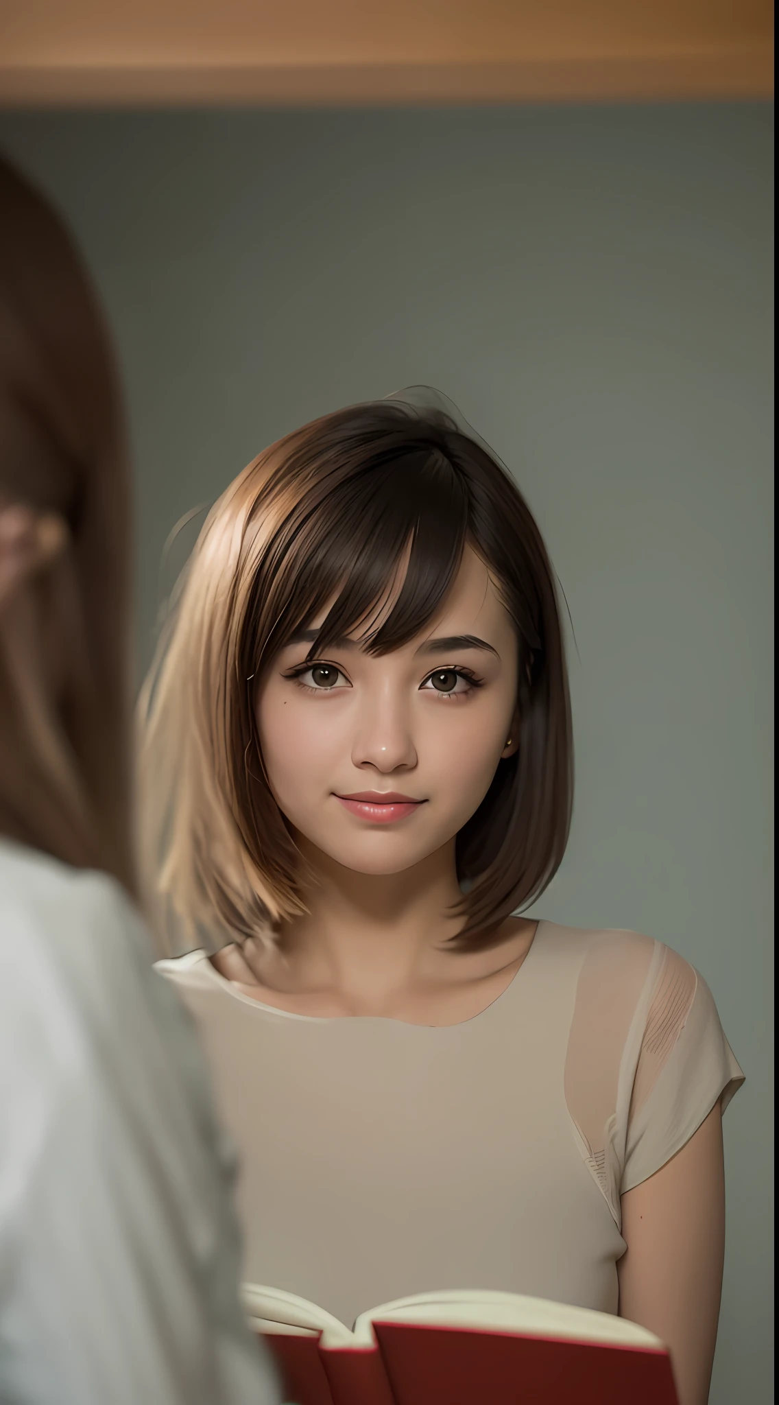 (8k, RAW photos, best quality, high resolution: 1.1), (ultra-realistic: 1.4), (realistic, photorealistic: 1.3), soft light, girl, , Japan person, realistic face, realistic body, realistic skin, , absurdity, masterpiece, (cute: 1.8), cuties, solo, (large: 1.2), detailed black eyes, innocent eyes, cheeks, (one piece: 1.2), Cinema Light, Film Grain, Short Hair, ((Big: 1.1)), Cherry Colored Lips, Close Up, Look Viewer, Upper Body, Open Lips, Upper Teeth, (Smiling Eyes: 0.6), ((grinning: 1.2)), Depth of Field, Blurred Background, Eye Focus, Bokeh, Reading a Book, Study, Large Bookcase, 85mm Lens, f/1.4, Professional Lighting, Young, Portrait, Photon mapping, radiosity, and physically based rendering
