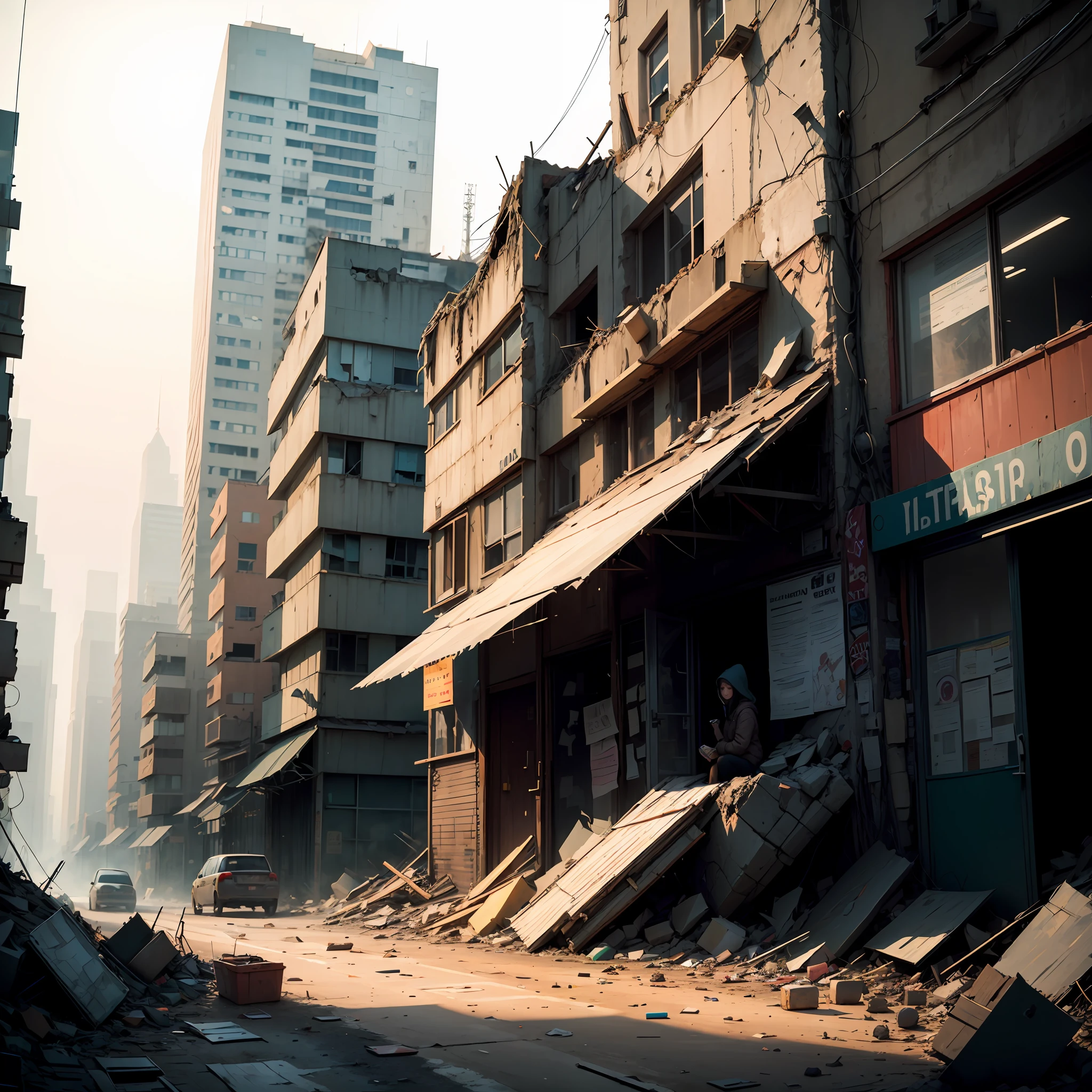 woman dawning in a makeshift shelter, post-apocalyptic world, post-apocalyptic futuristic city, broken crystal towers, street strewn by rubble, broken machines --auto