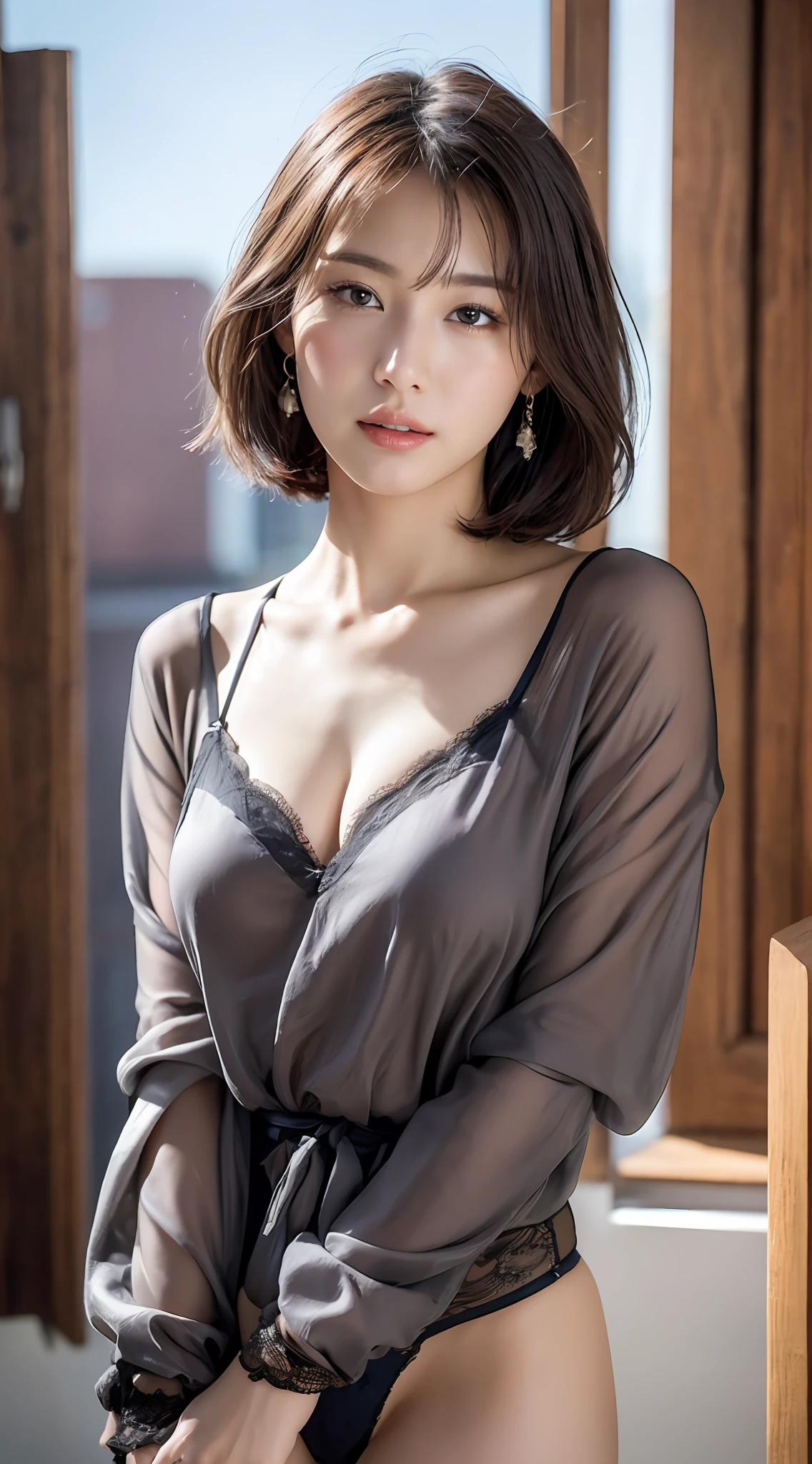 (8k, RAW photos, top quality, masterpiece: 1.2), ultra detailed, super resolution, (real, real photos: 1.37), portraits, high definition RAW color photos, professional photos, very detailed and beautiful, highly detailed, 8k wallpapers, amazing details, huge file size, official art, highly detailed CG Unity 8k wallpapers, highly detailed beautiful girls, highly detailed faces, Highly Detailed Eyes, Highly Detailed Skin, Highly Detailed Fingers, Very Detailed Nose, Highly Detailed Detailed Mouth, Perfect Anatomy, Detailed Background, Detailed Clothes, One Girl, (20:1.2), 20s, Cute Girl, Realistic Body, Petite, White Skin, Radiant Skin, Slim Body, Black Hair, Short Hair, (Blunt Bangs: 1.2), Cute, Youthful, Pretty Face, Realistic Face, Delicate Eyes, Sale Eyes, ( (Fashionable winter clothes)), ((Up)), (((Full body shot)), Earrings, Looking at the camera, Cowboy shot, Front-facing, Standing Posture, Contrapposto, Dynamic Lighting, C-Cup,