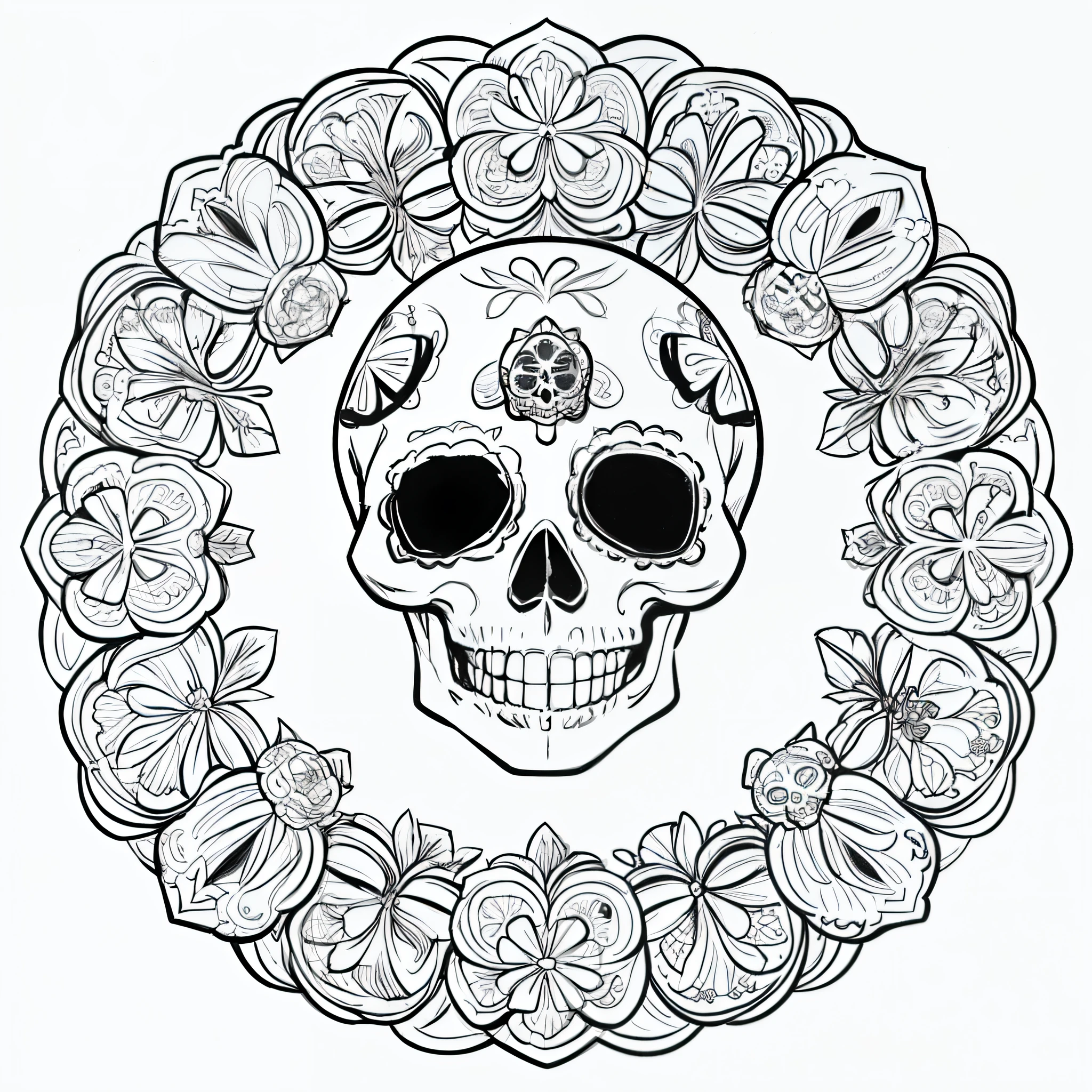 Masterpiece, best quality, (detailed background), high contrast, decorated sugar skull, flower background, thick and clean line drawings