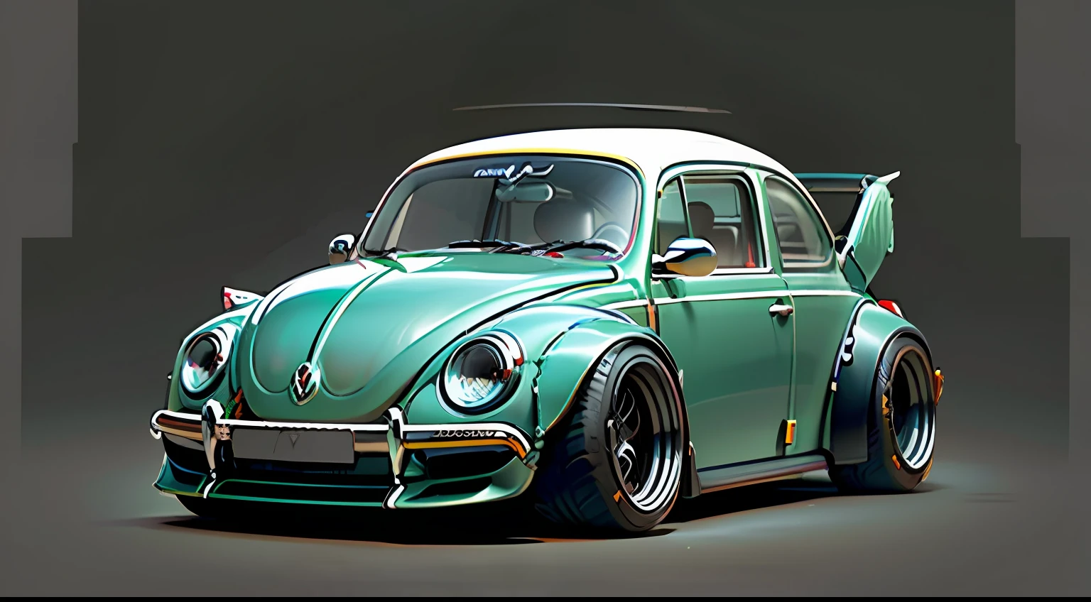 a meticulously detailed photorealistic concept art of a custom hot rod VW Beetle with highly glossy paint and wide arch body kit and custom wheels  showcased on a glossy white surface with a contrasting black background.