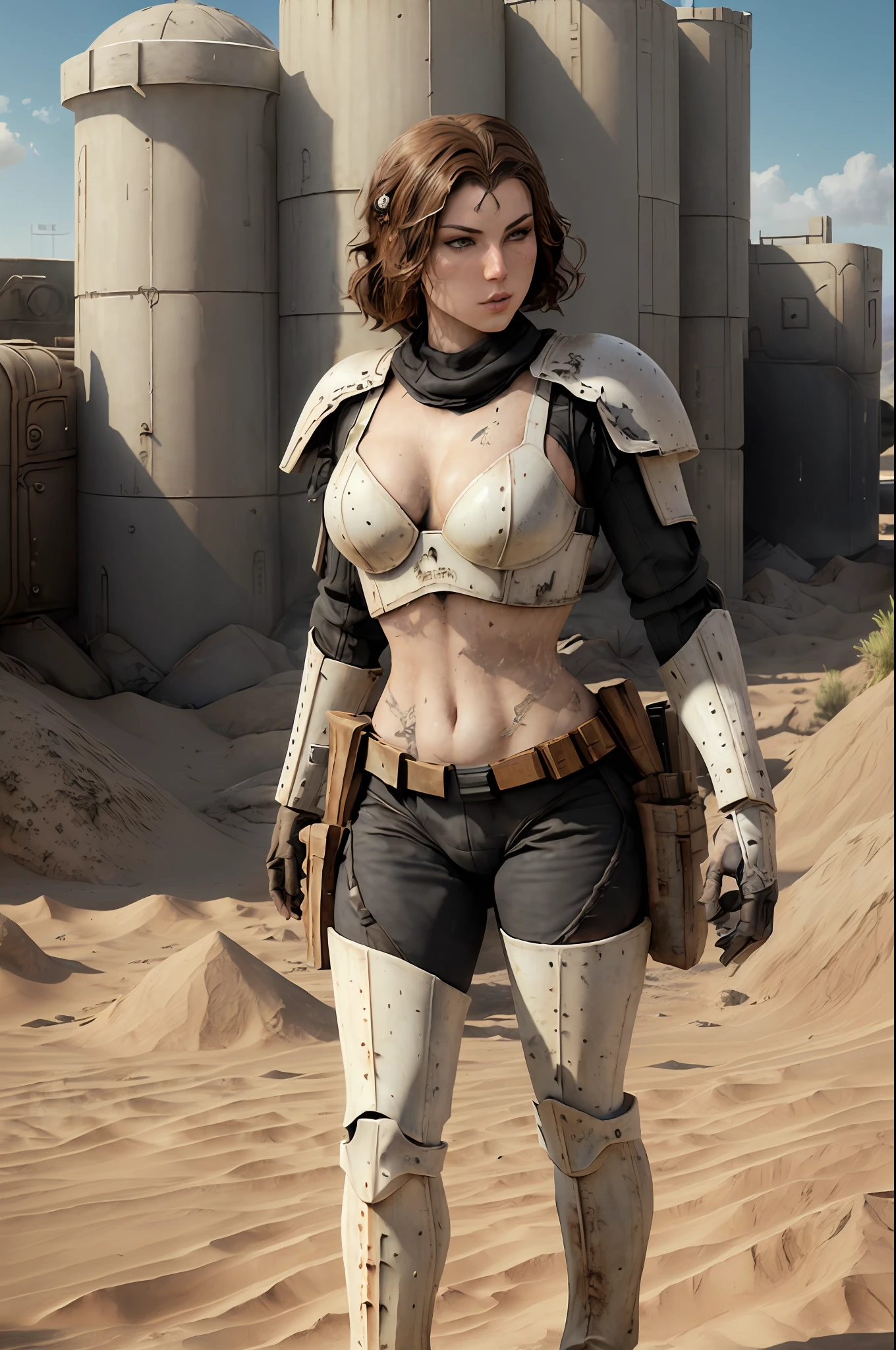 (Fehgalvao dressed as a stormtrooper ), action scene, standing in a desert landscape, immersive background, volumetric sand, global illumination, intense lighting, (weathered armor), (battle-scarred), dramatic lighting, (gritty:1. 5), (hyper-realistic:1. 4), (4k, digital art, masterpiece), High detail digital painting, realistic, (top quality), (dynamic shadows), (best concept art), ultra high resolution, highly detailed digital artwork, physically-based rendering, realistic yet stylized, muted colors, f2. 0 lens, gritty palette, unexpected twist.