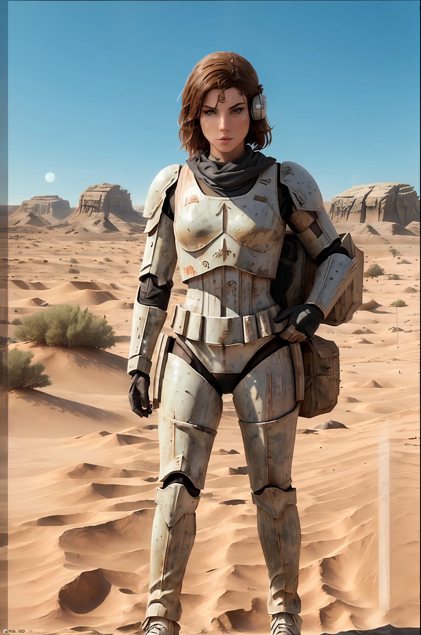 (Fehgalvao dressed as a stormtrooper ), action scene, standing in a desert landscape, immersive background, volumetric sand, global illumination, intense lighting, (weathered armor), (battle-scarred), dramatic lighting, (gritty:1. 5), (hyper-realistic:1. 4), (4k, digital art, masterpiece), High detail digital painting, realistic, (top quality), (dynamic shadows), (best concept art), ultra high resolution, highly detailed digital artwork, physically-based rendering, realistic yet stylized, muted colors, f2. 0 lens, gritty palette, unexpected twist.